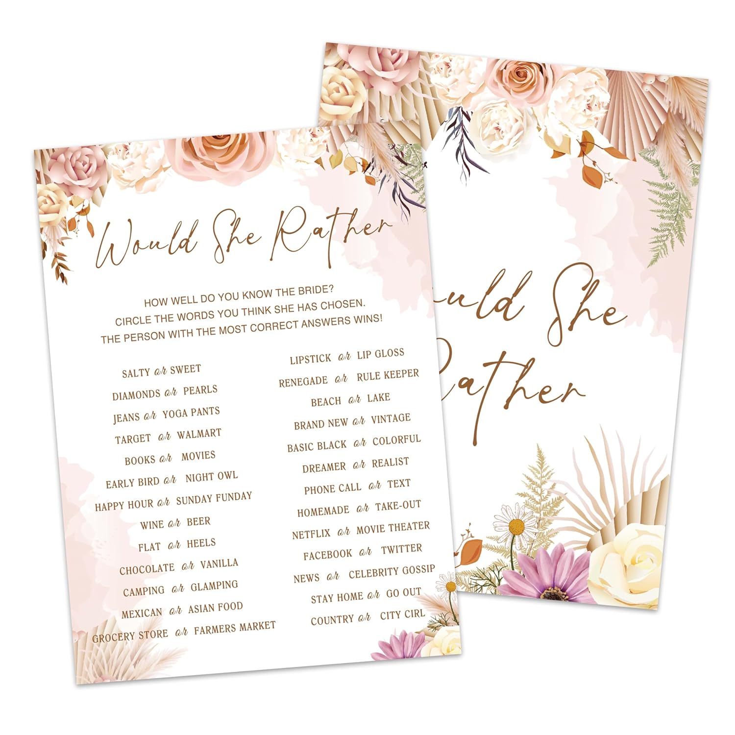 Boho Bridal Shower Game Set - Would She Rather Bohemian Wedding Shower Games Cards - 30 Pack Pampas Grass Engagement Party Decorations - Fall Floral Bachelorette Party Ideas And Activities -06