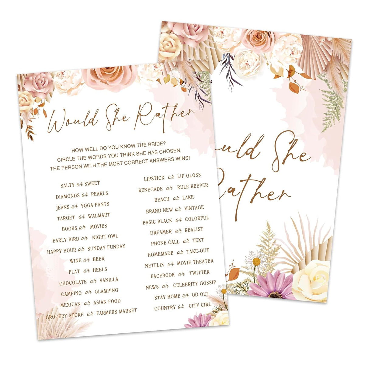 Boho Bridal Shower Game Set - Would She Rather Bohemian Wedding Shower Games Cards - 30 Pack Pampas Grass Engagement Party Decorations - Fall Floral Bachelorette Party Ideas And Activities -06
