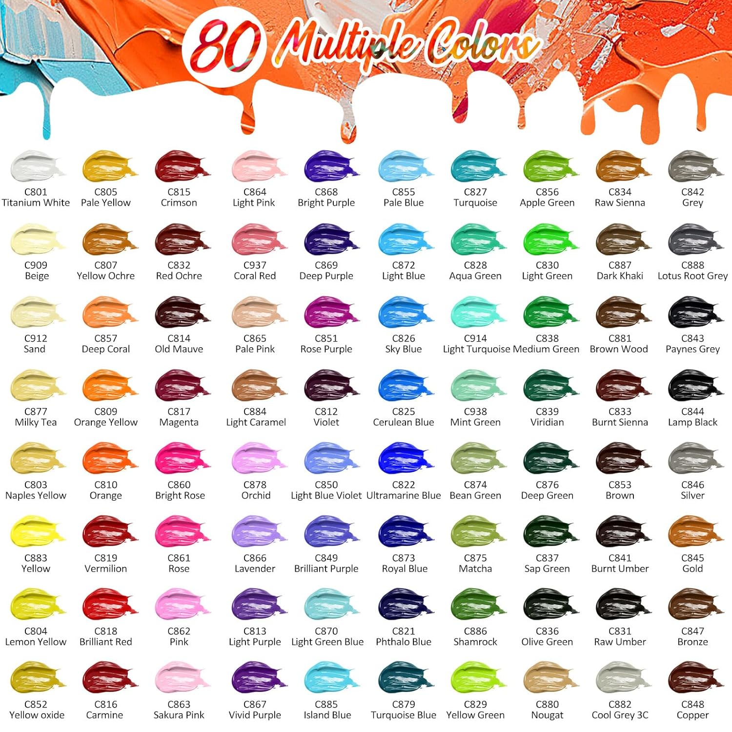 Acrylic Paint Set, 80 Colors (2Oz/Bottle) With 12 Brushes, Art Supplies Craft Paints Water Proof, Premium For Adults Artists Beginners Painters, Canvas Pumpkin Ceramic Wood Fabric Rock Painting Kit