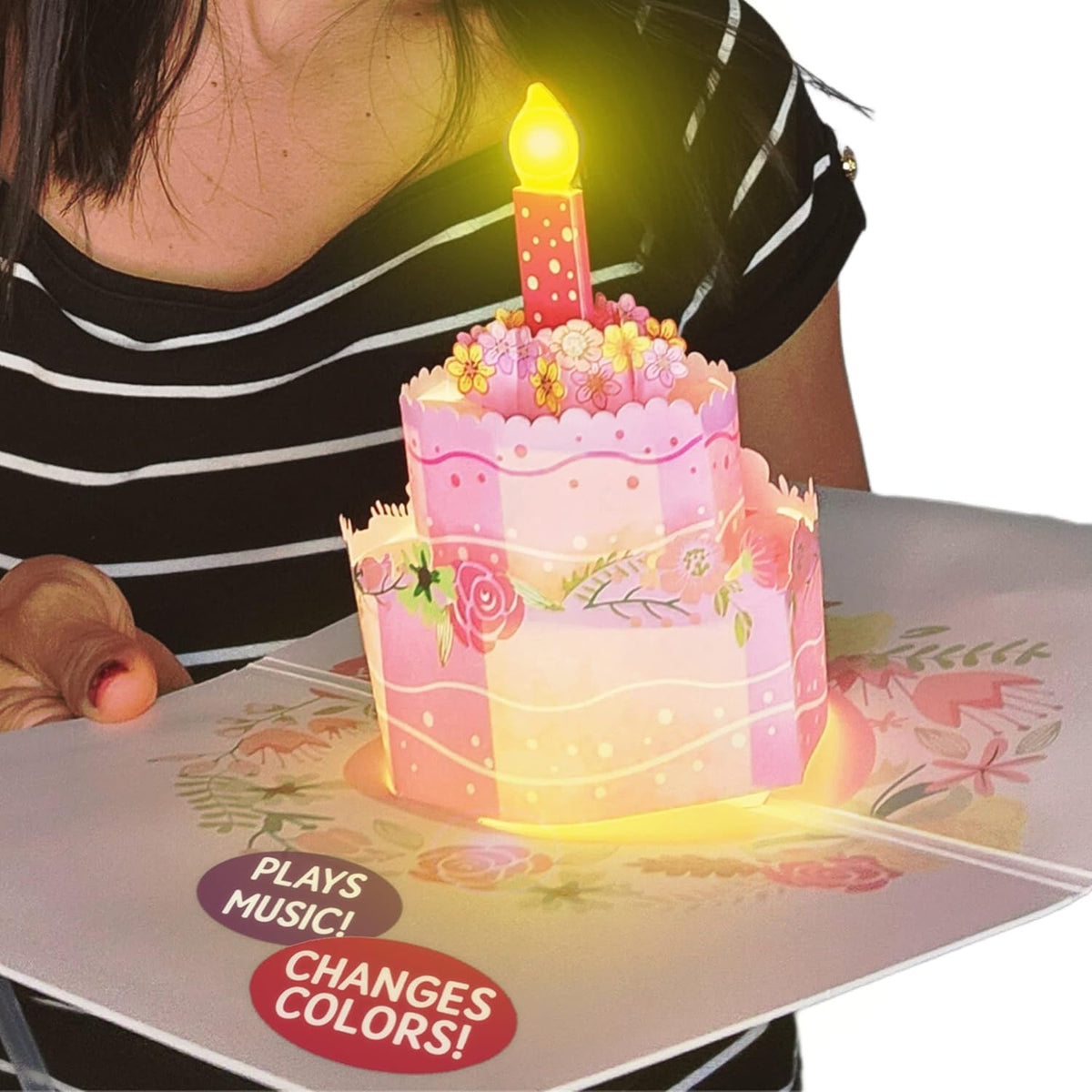 Birthday Cards With Lights & Music - Pop Up Birthday Card For Mom, Son, Women & Men (Pink Cake)