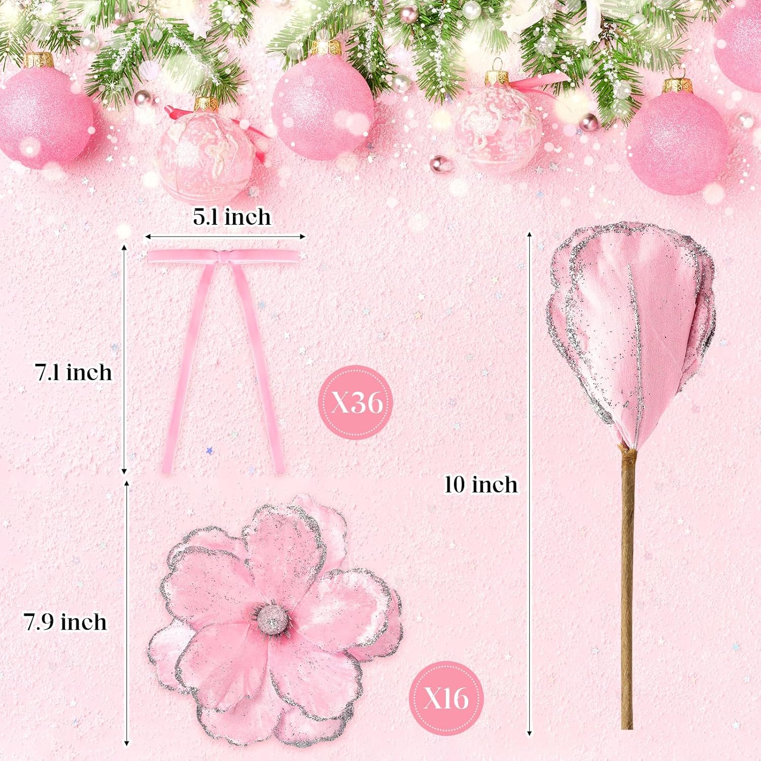 52 Pcs Large Christmas Magnolia Flowers And Velvet Bows For Christmas Tree Ornaments 10 Inch Artificial Glitter Poinsettia Floral Picks Stems For Xmas Tree Wreath Fireplace Garland(Pink)