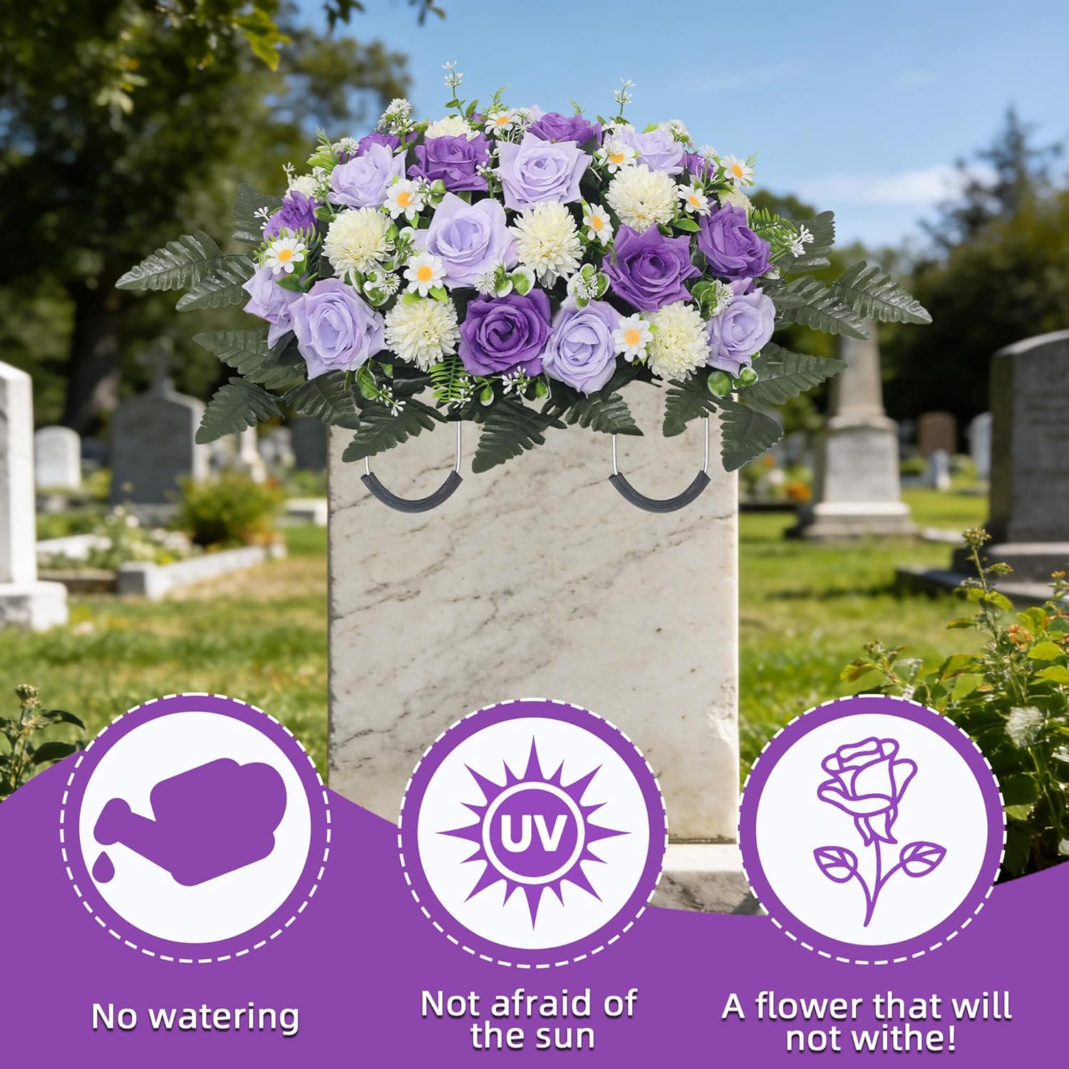 Artificial Cemetery Flowers,Headstone Flower Saddle,Realistic Vibrant Roses,Cemetery Memorial Flowers For Outdoor Tombstone Decorations (Purple)