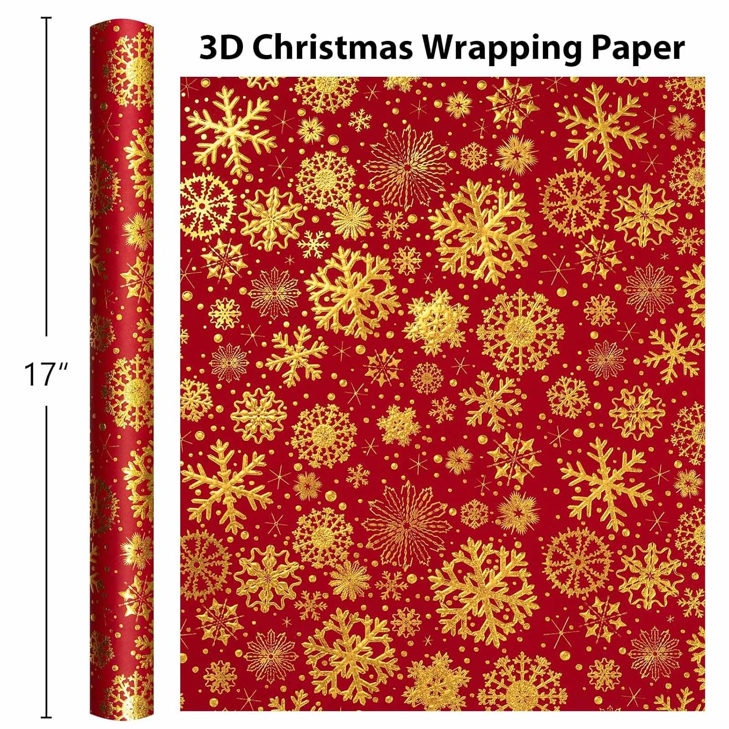 Christmas Wrapping Paper, Embossed Snowflake Wrapping Paper, Kraft Classy Sparkle 3D Red & Gold Snowflake Holiday Gift Wrap For Winter Party, Festive Decoration (Mini Roll, 17 Inch X 33 Feet)