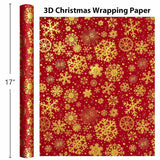 Christmas Wrapping Paper, Embossed Snowflake Wrapping Paper, Kraft Classy Sparkle 3D Red & Gold Snowflake Holiday Gift Wrap For Winter Party, Festive Decoration (Mini Roll, 17 Inch X 33 Feet)