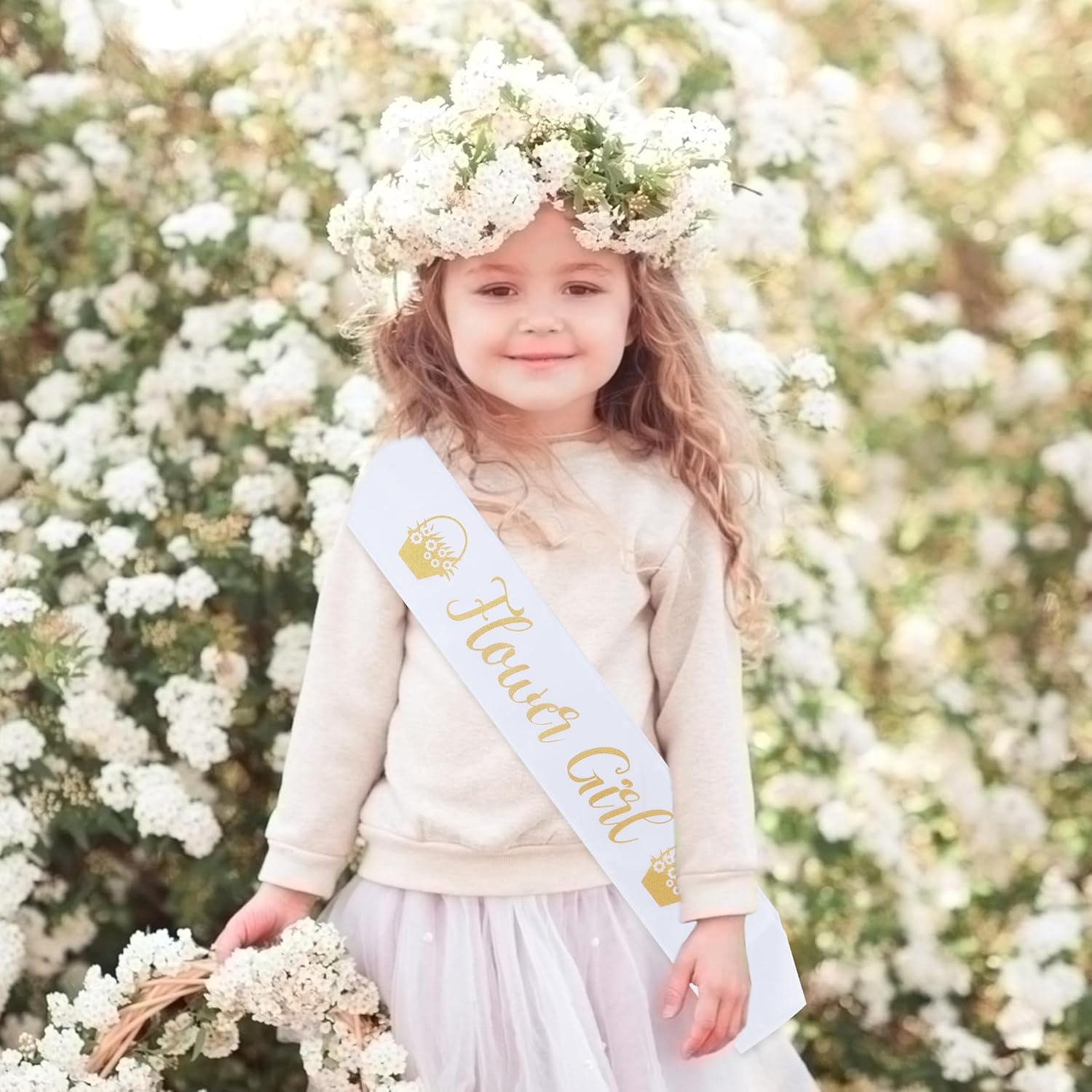 Flower Girl Sash - Cute White & Gold Girls Sash For Wedding | Fits Ages 1 To 10 Years Old | Bridal Shower Party Proposal Bridesmaids Set Decorations Supplies Favors Gifts Accessories Gift Favor Decor