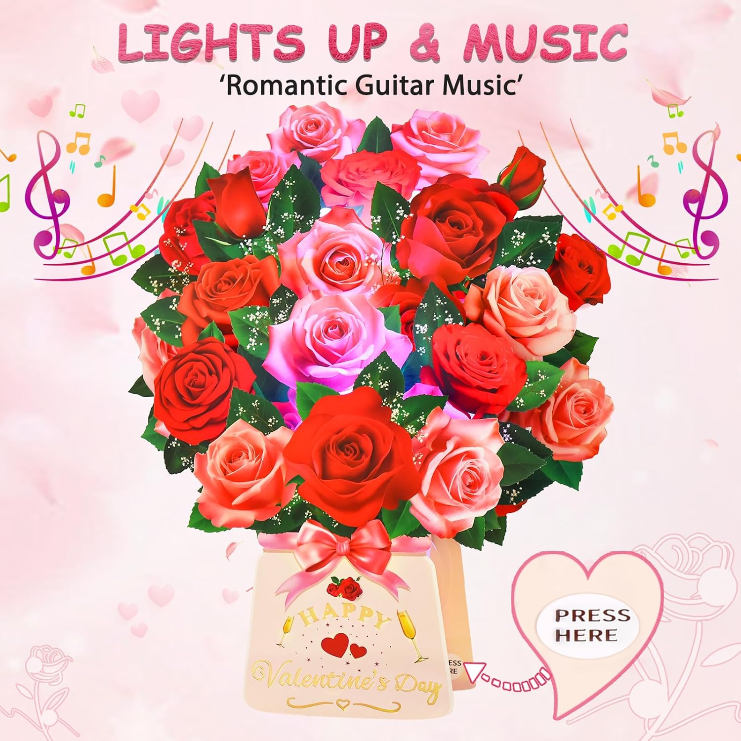 Pop Up Valentine’S Day Card With Light & Music, 12 Inch Paper 3D Rose Bouquet Greeting Card With Envelop, Happy Valentines Day Cards For Wife, Popup Valentines Day Card Gifts For Her Women Girlfriend