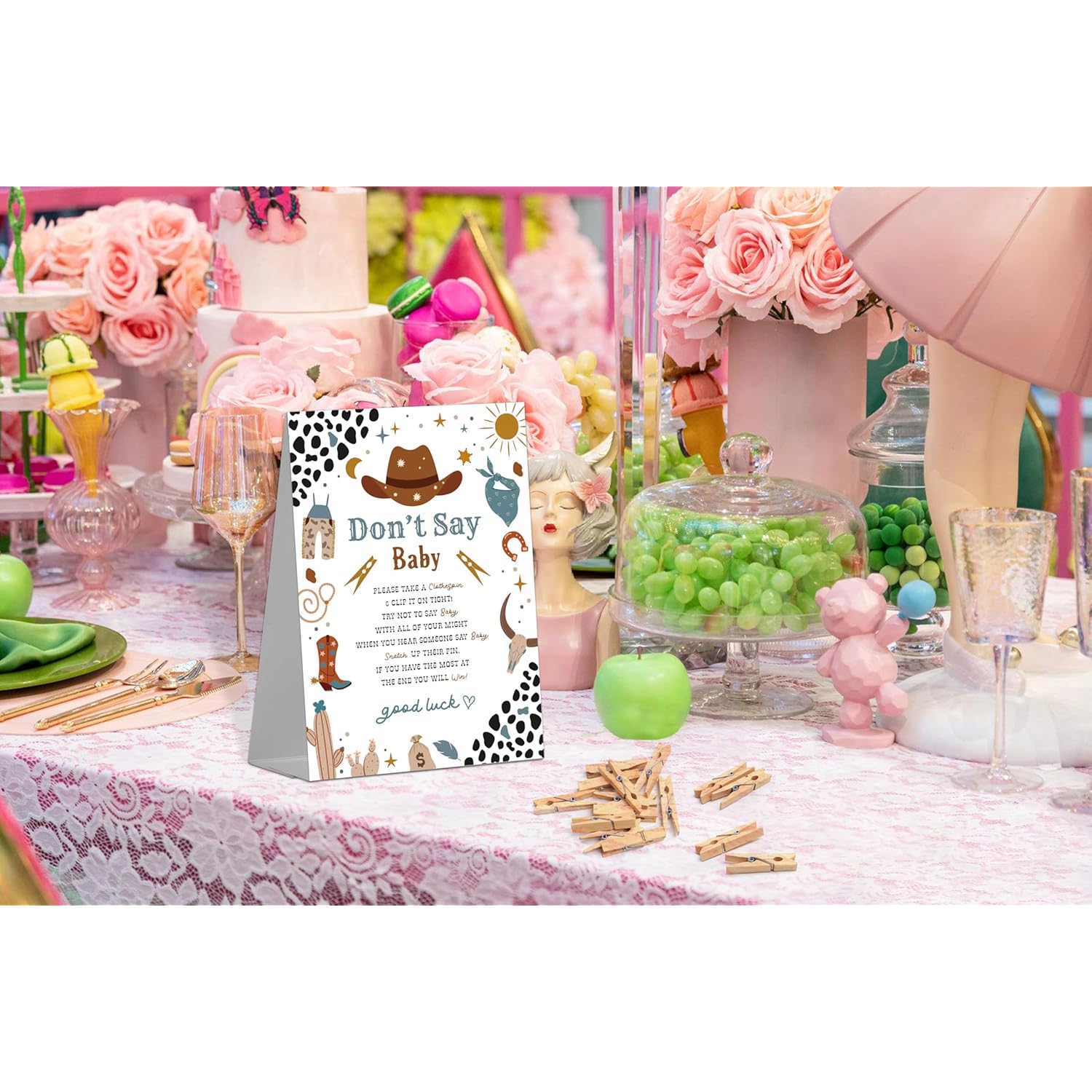 Cowboy Baby Shower Game Sign (1 Sign + 50 Mini Clothespins) For Gender Reveal Party Decorations And Favors