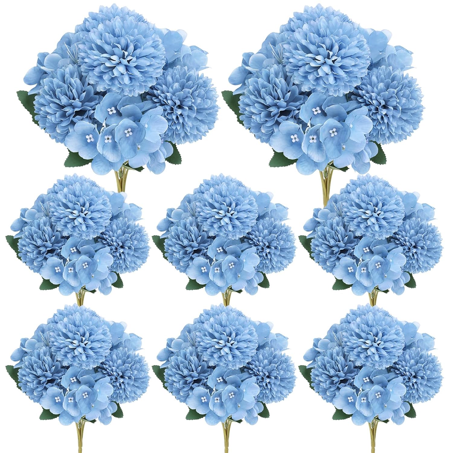 8 Pack Blue Artificial Hydrangea Chrysanthemum Ball Fake Silk Bouquet Outdoor Bridal Wedding Photo Props Home Decoration