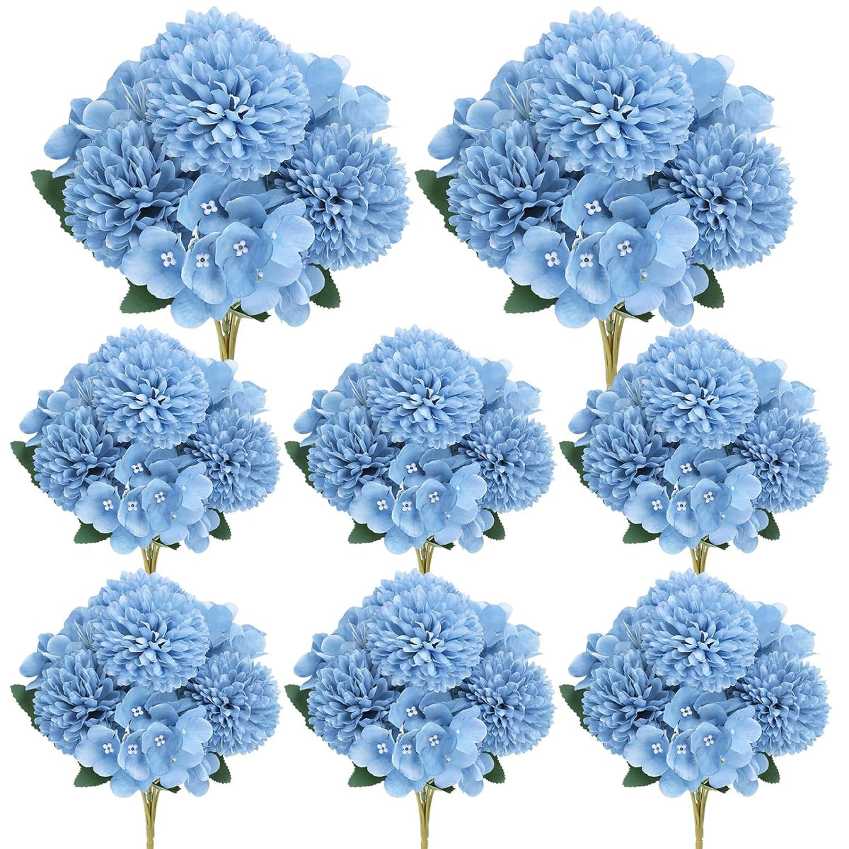 8 Pack Blue Artificial Hydrangea Chrysanthemum Ball Fake Silk Bouquet Outdoor Bridal Wedding Photo Props Home Decoration