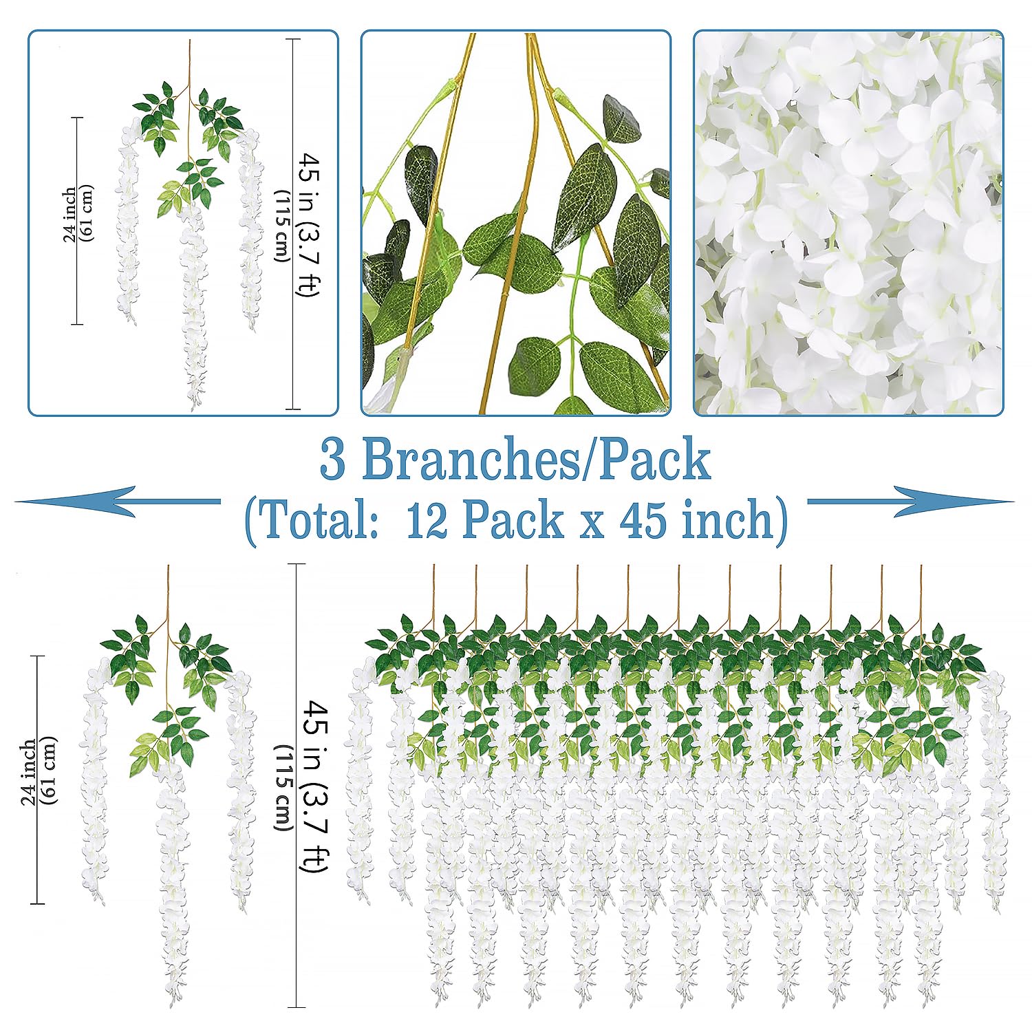 (36 Branches 12 Pack /45 Inch /3.7Ft Wisteria Hanging Artificial Flowers Fake Bushy Silk Vine Garland String For Wedding Party Garden Greenery Home Wall Deco White