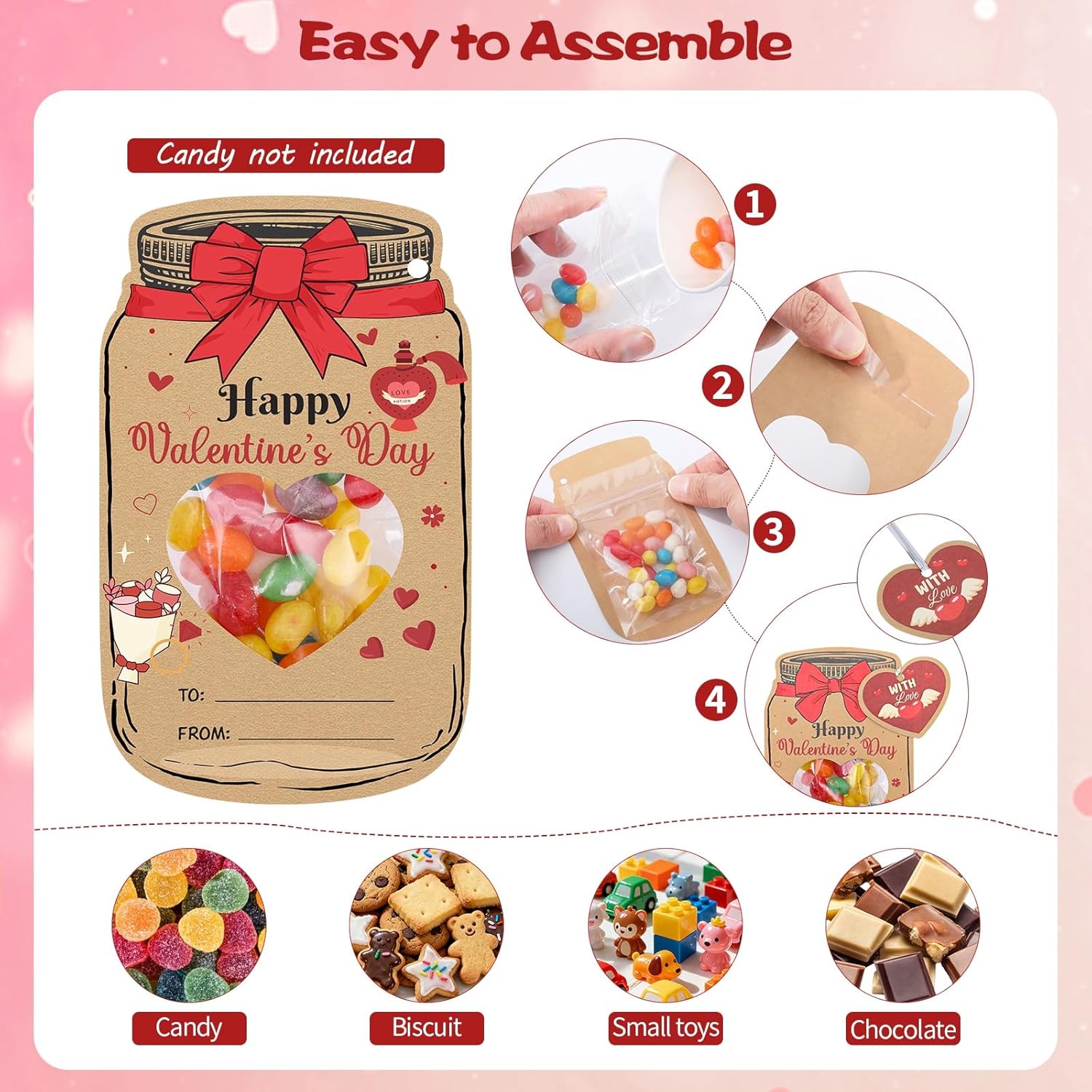 Valentines Day Cards For Kids School, 36 Pack Candy Jar Valentine Card Set With Treat Bags Classroom Exchange Gift For Boys Girls Toddlers Friends Party Favors (Candy Not Included)