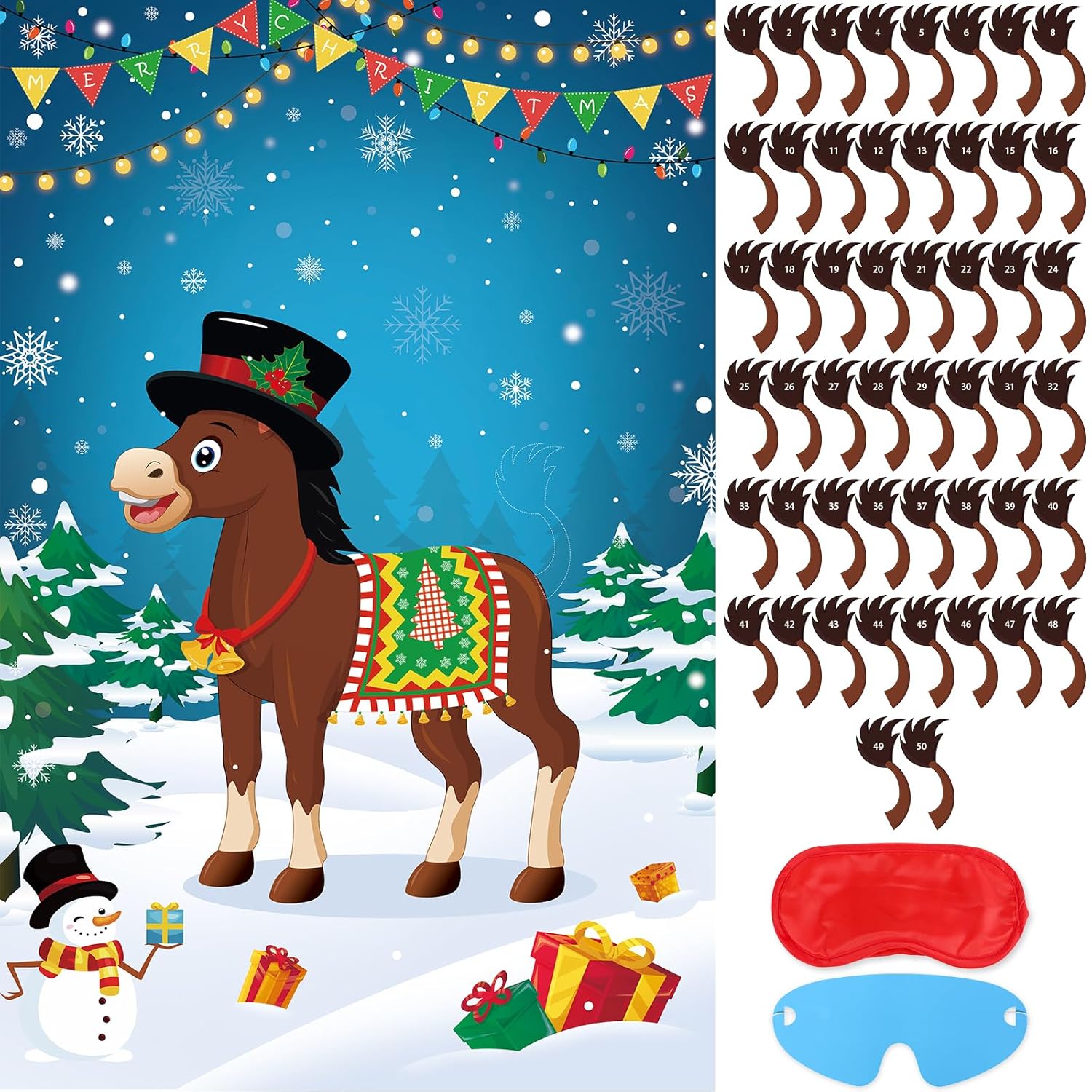 Pin The Tail On The Donkey Party Game With 50 Pcs Tails, Large Christmas Donkey Games Poster For Kids Christmas Party Decorations And Games Supplies