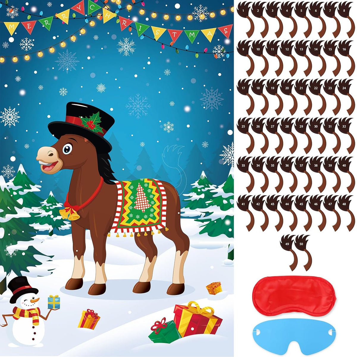 Pin The Tail On The Donkey Party Game With 50 Pcs Tails, Large Christmas Donkey Games Poster For Kids Christmas Party Decorations And Games Supplies