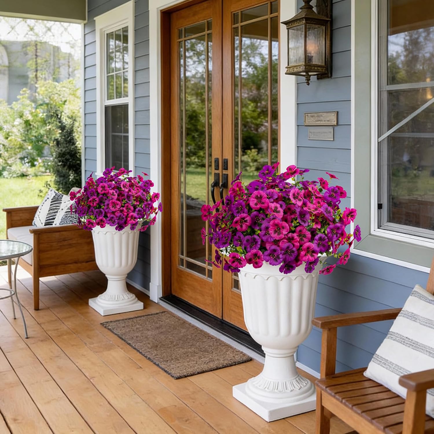 12 Piece Outdoor Artificial Flowers Fake Pansies -Two-Tone Faux Flowers Per Stem, Uv Resistant For Indoor Outdoor Porch Garden Planters Patio Window Box Home Decor(Light Purple Fuchsia)
