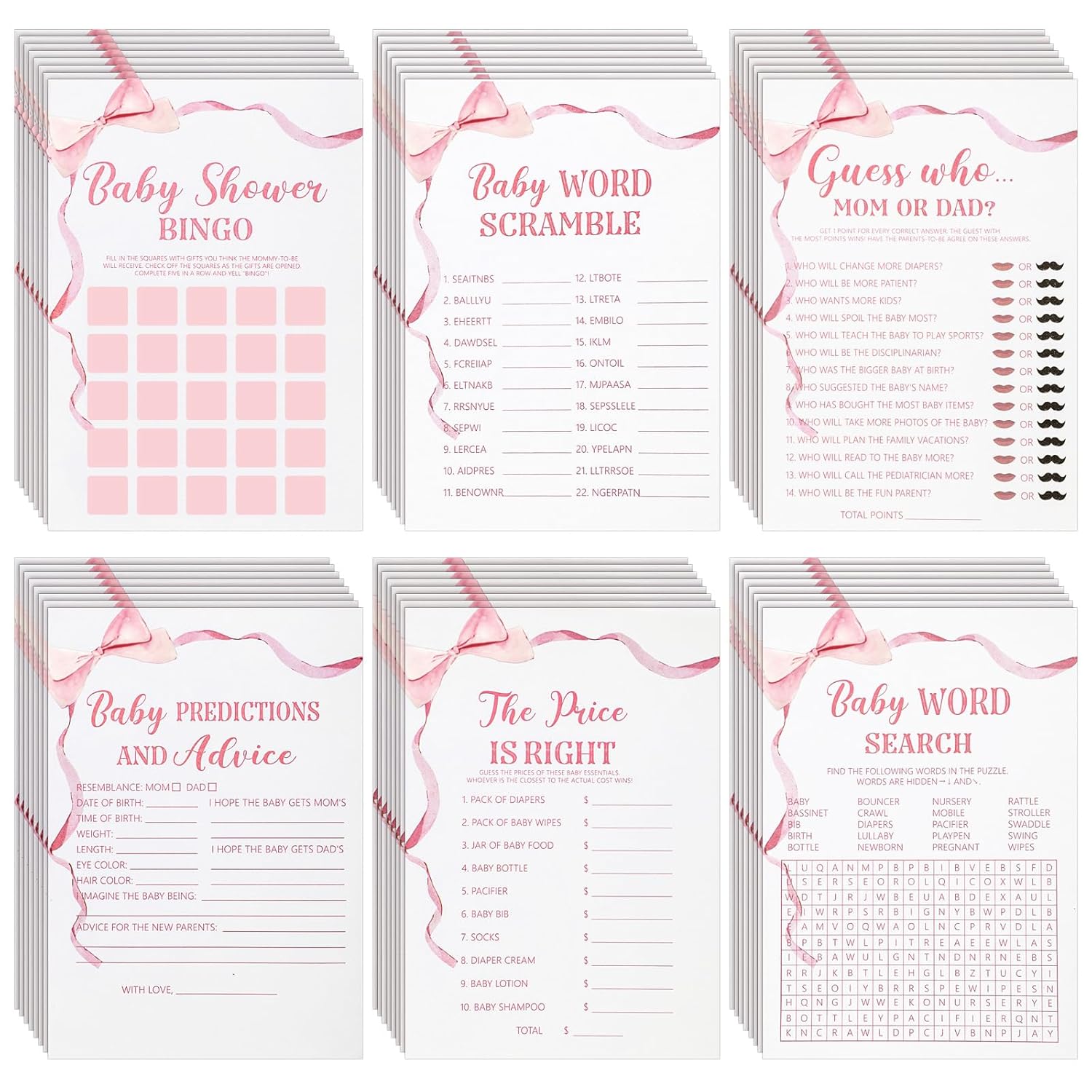 302 Pcs Pink Bow Price Is Right Baby Shower Games Watercolor Ribbon Baby Shower Signs, 6 Games, 50 Sheets Each, Minimalist Girl Boy Predictions And Advice Bingo Word Scramble