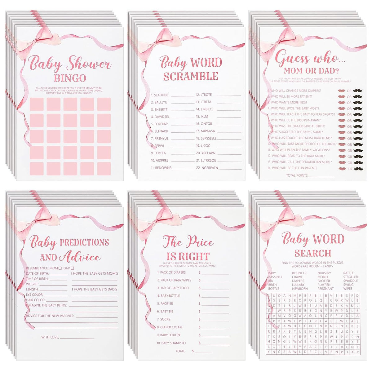 302 Pcs Pink Bow Price Is Right Baby Shower Games Watercolor Ribbon Baby Shower Signs, 6 Games, 50 Sheets Each, Minimalist Girl Boy Predictions And Advice Bingo Word Scramble