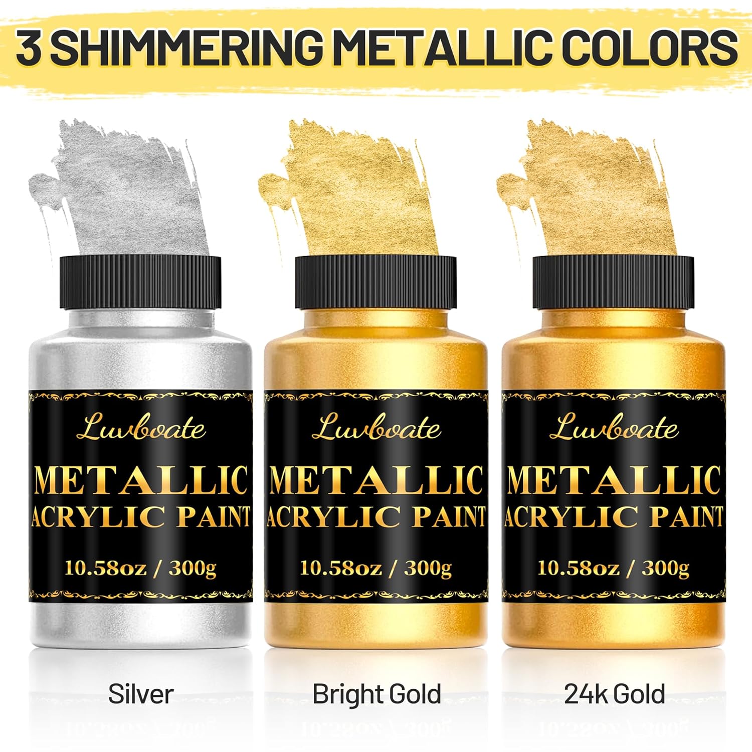 Acrylic Metallic Paint, 3 Colors 24K Gold & Bright Gold & Silver 31.75Oz(900G), Non-Toxic Golden Paint, Non Fading Metal Paint For Art Painting On Fabric, Canvas, Wood, Clay, Crafts