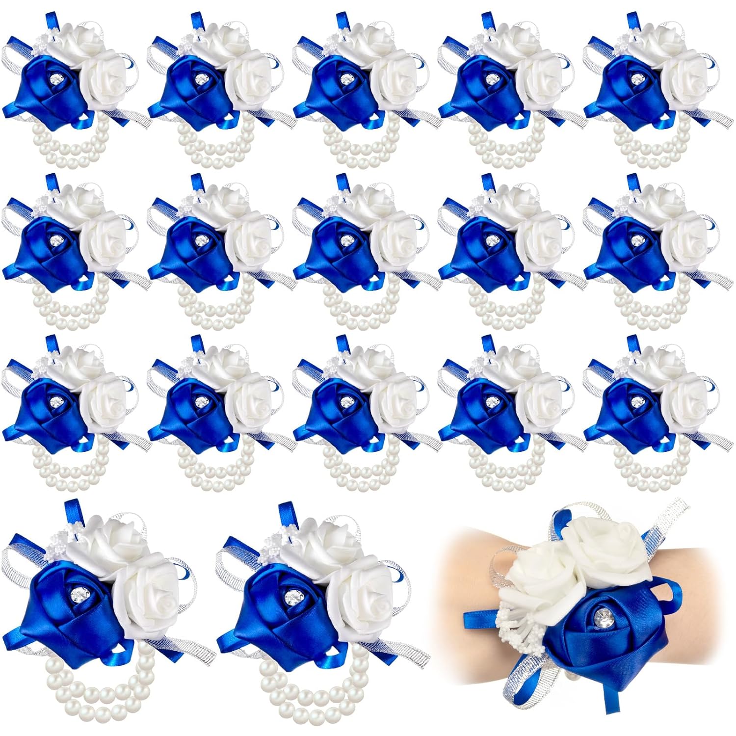 18 Pcs Wrist Corsages For Prom Wedding Artificial Rose Wristlet Corsage Hand Flower For Mother Of Bride And Groom, Bridal, Bridesmaid Wedding Supplies (Royal Blue)