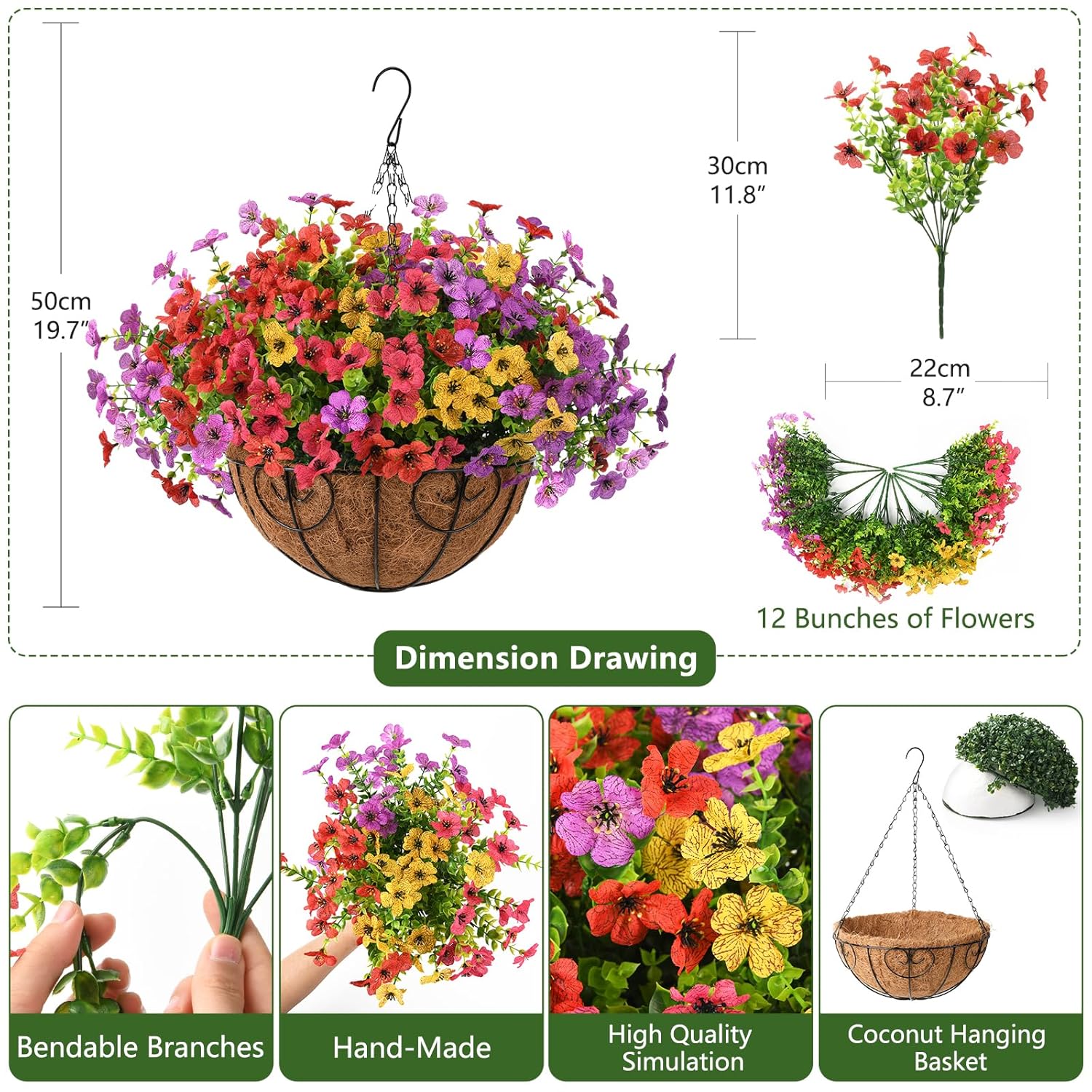 Artificial Fake Hanging Flowers Plants Basket For Outdoor Spring Decoration, Faux Silk Daisy Outside Indoor Uv Resistant Look Real Yard Patio Front Porch Garden Balcony Home Decor(Mix3)