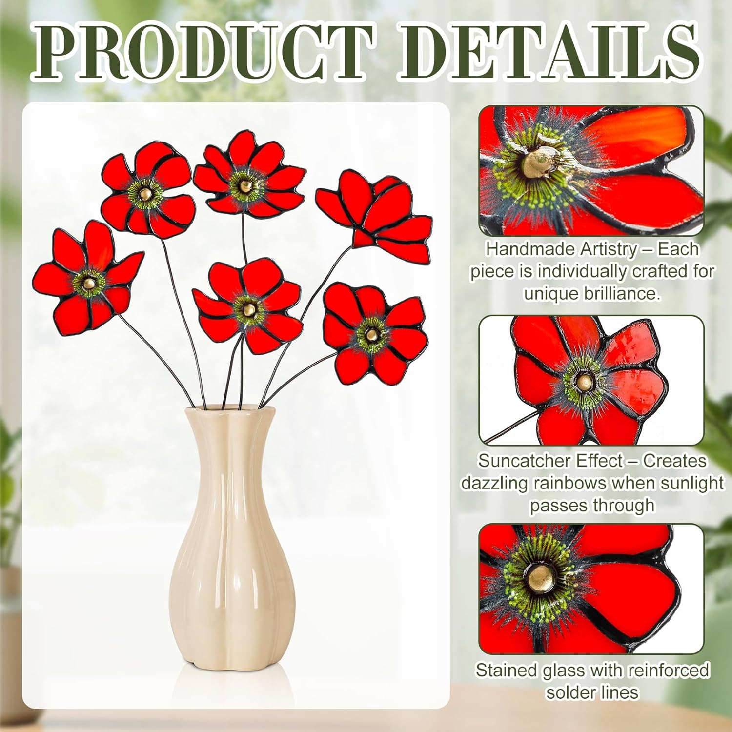 6 Pcs Stained Glass Flowers With Stems 17 Inch Red Flower Bouquets Faux Flower Floral For Mom Birthday Gifts Home Garden Christmas Decor(No Vase)