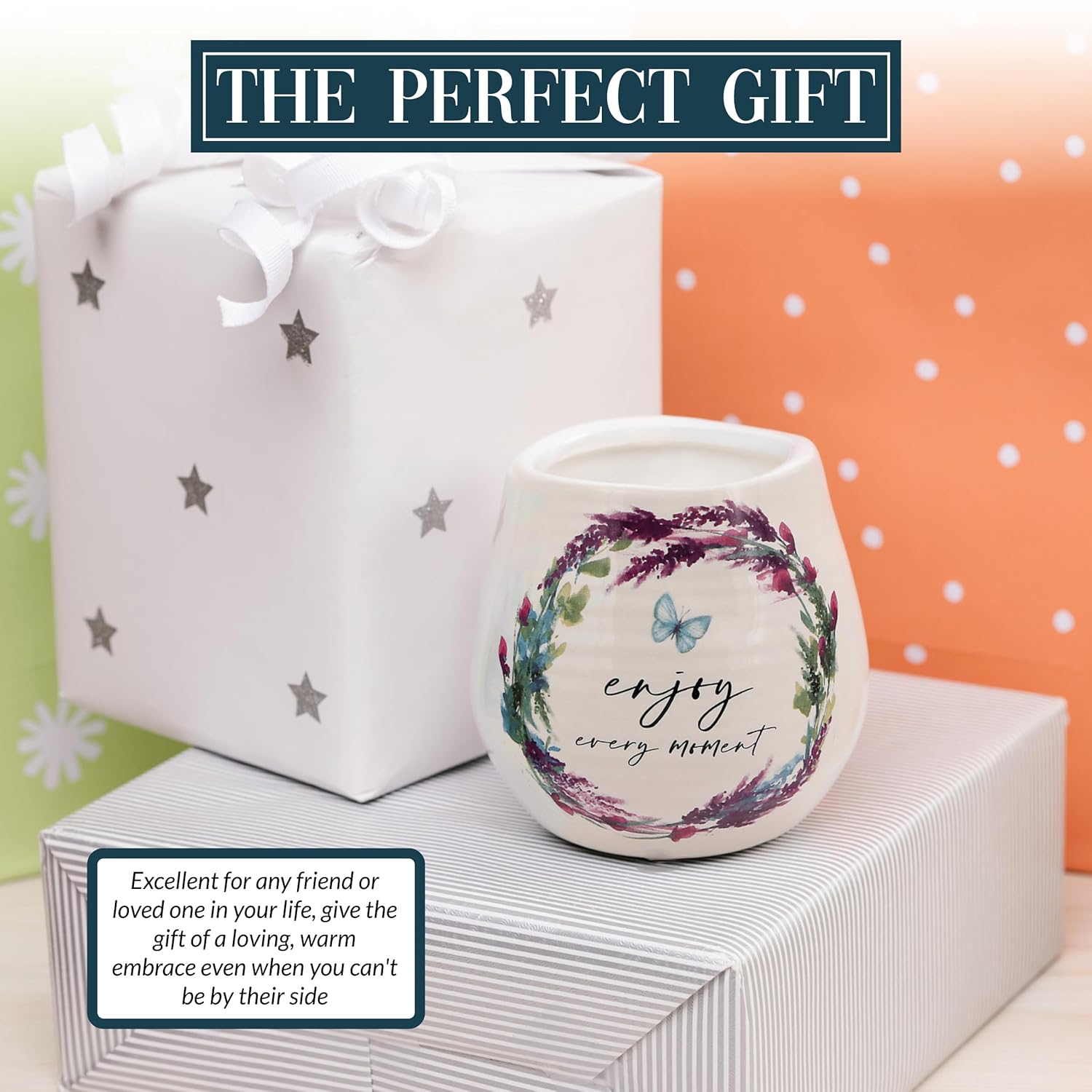 Pavilion Gift Company - Enjoy Every Moment - 8-Ounce Ceramic Candle, Jasmine Scented Candle, Appreciation Gifts for Women, Thinking of You Gifts for Women, 1 Count, Cream
