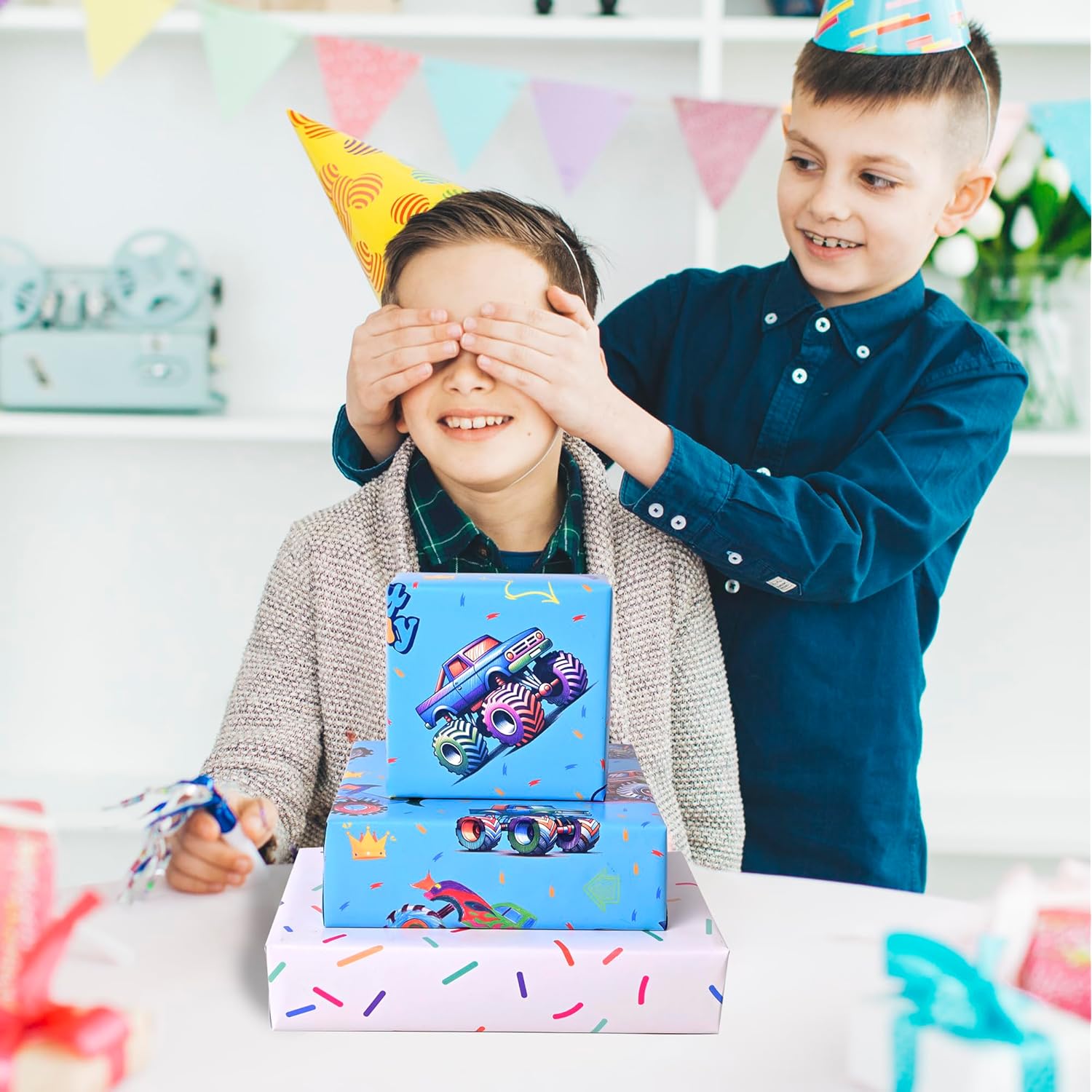 Reversible Monster Truck Birthday Wrapping Paper Roll For Boys Kids - Blue Shark Monster Truck & Colorful Confetti Design Gigt Wrap For Holiday Baby Shower Diy Craft Party - 17 In X 20 Ft(Total 28.5Sq.Ft)