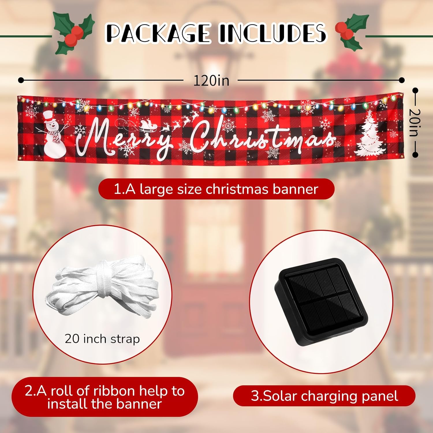 Solar Large Merry Christmas Banner, 120" X 20" Led Lighted Xmas Decoration Red Buffalo Plaid Hanging Huge Sign, Holiday Party Supplies Home Decor For Outdoor,Yard,Garden,Porch,Lawn (Plaid-Snowman)