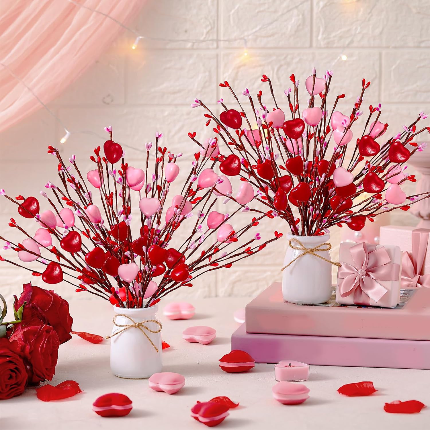 2 Pcs Valentine'S Day Decorations Valentines Picks Vase Berry Picks Branches Artificial Red Pink Hearts Flower Berry Stem For Wedding Valentine Vase Gifts Party Anniversary Table Home Decor