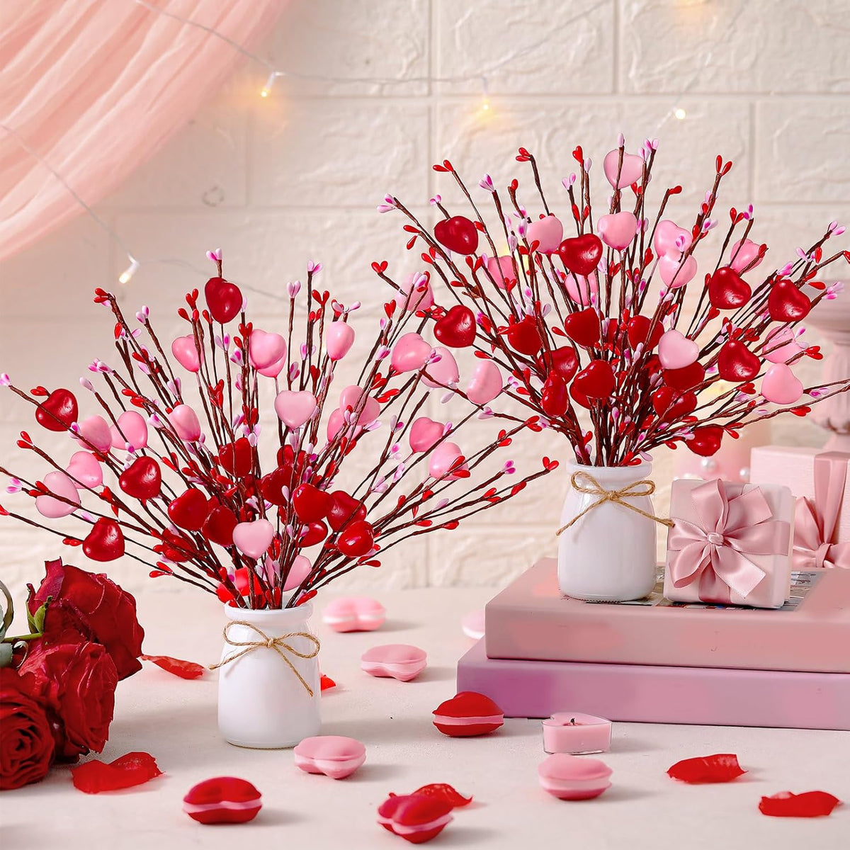 2 Pcs Valentine'S Day Decorations Valentines Picks Vase Berry Picks Branches Artificial Red Pink Hearts Flower Berry Stem For Wedding Valentine Vase Gifts Party Anniversary Table Home Decor