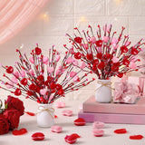 2 Pcs Valentine'S Day Decorations Valentines Picks Vase Berry Picks Branches Artificial Red Pink Hearts Flower Berry Stem For Wedding Valentine Vase Gifts Party Anniversary Table Home Decor