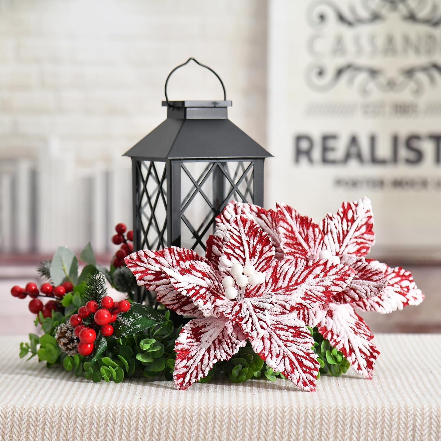 Large Christmas Poinsettias 6 Pcs Snow Decorated Christmas Tree Flowers Artificial Flower Picks Ornaments For Christmas Tree Wreath Decoration (Red/White)