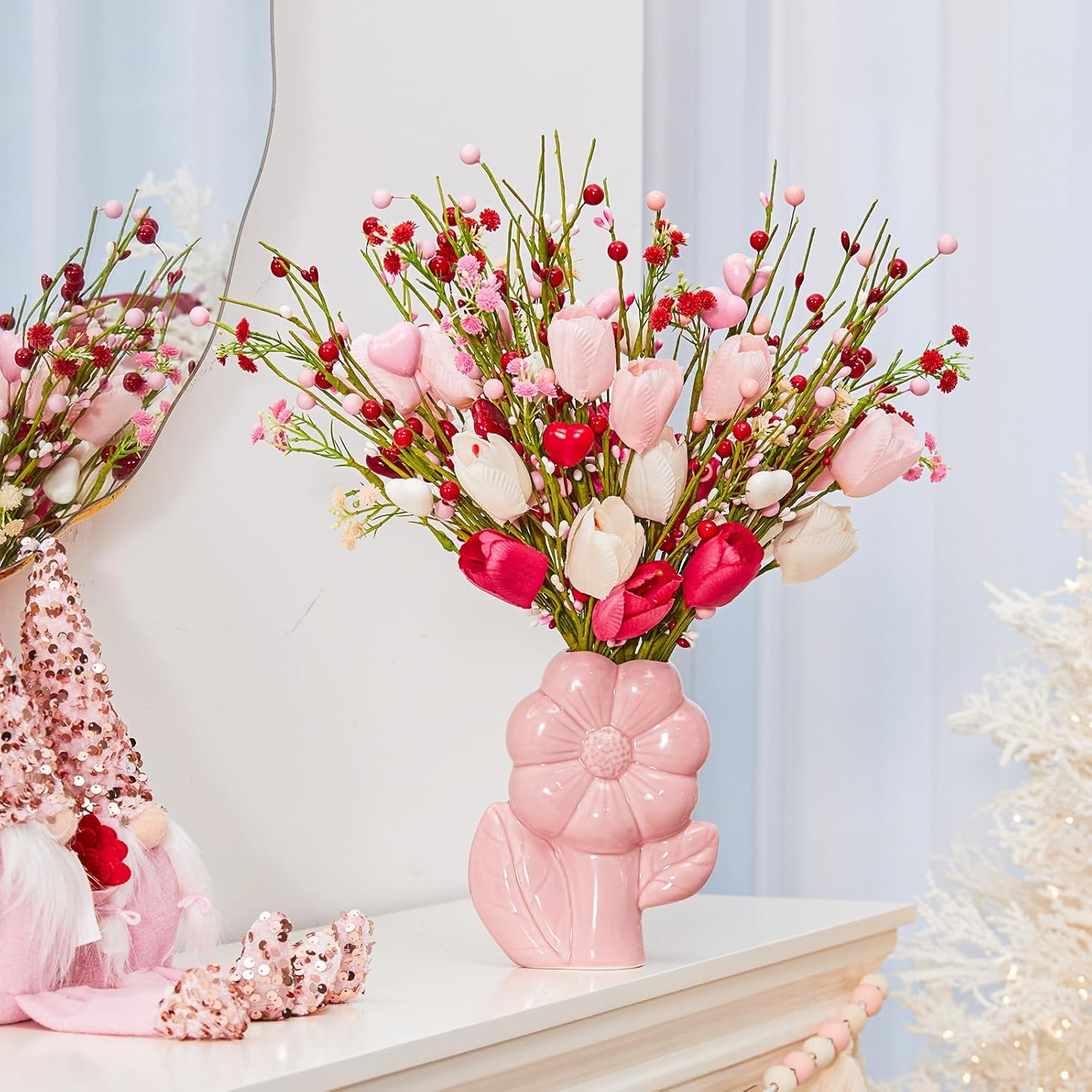 6Pcs Valentine'S Day Artificial Flowers, 15.7 Inch Tulip Heart Stems With Pink White Berries For Vase Centerpiece, Wedding Home Decor