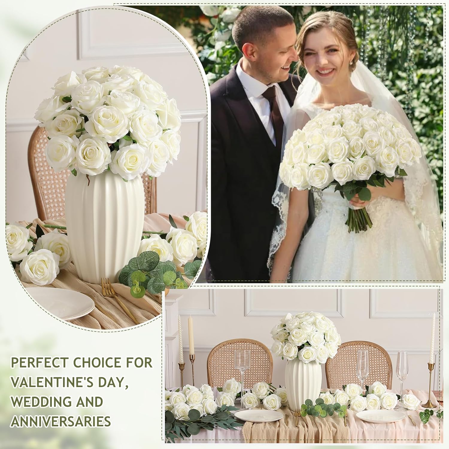 60 Pcs White Roses Artificial Flowers Bulk, Silk Roses With Stem Realistic White Artificial Roses For Decoration Diy Wedding Bouquet Bridal Shower Party Home Table Centerpieces Decor (White)
