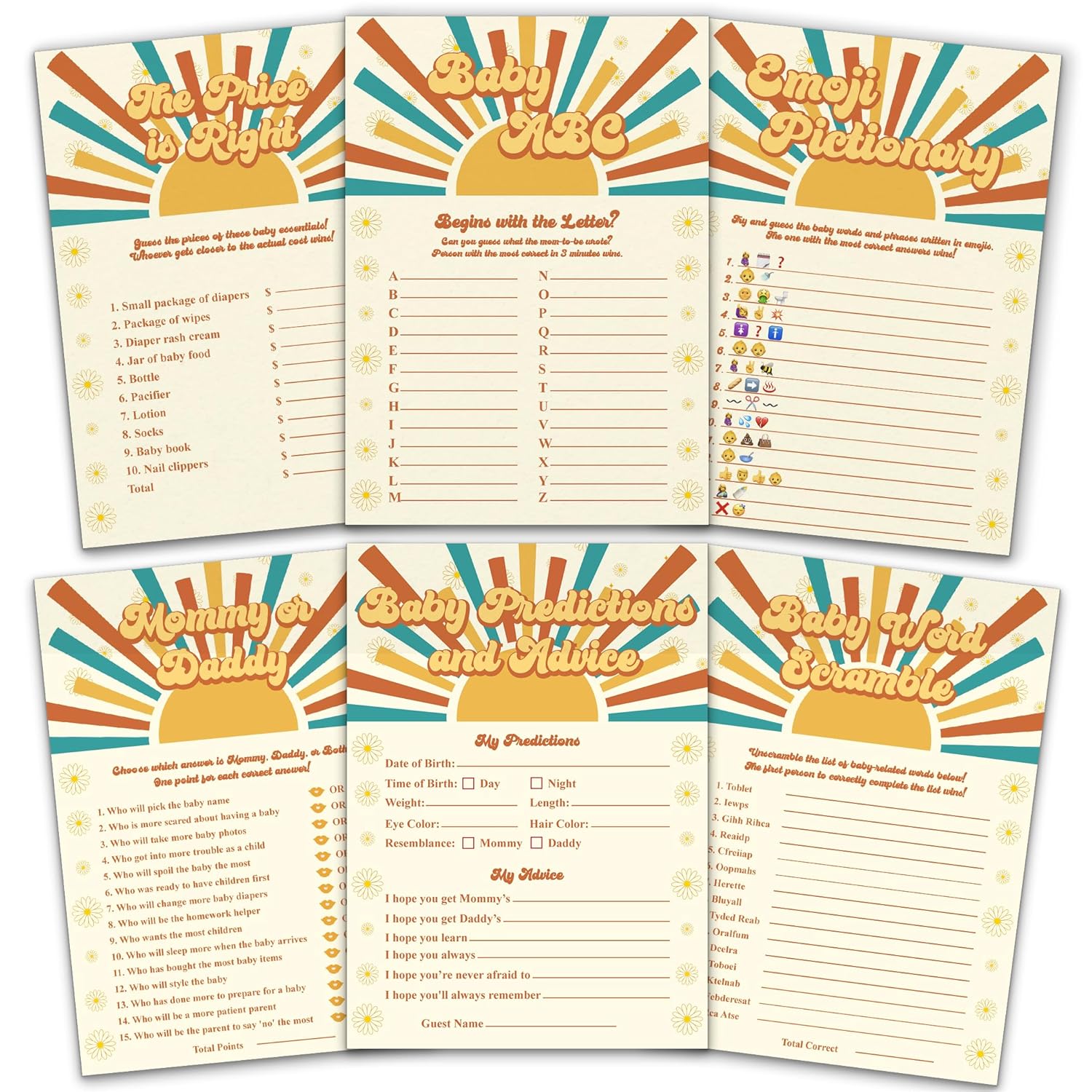 Here Comes The Son Baby Shower Games - 6 Baby Shower Games, 25 Pc - Baby Abc, Baby Predictions And Advice, Baby Word Scramble, Emoji Pictionary, Mommy Or Daddy, The Price Is Right