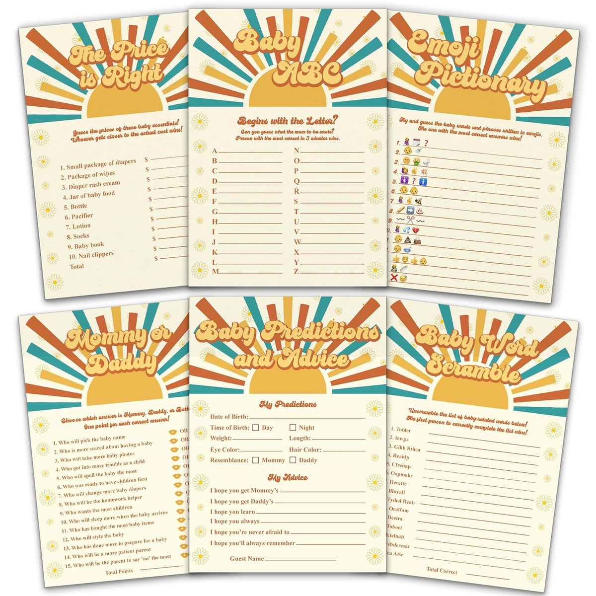 Here Comes The Son Baby Shower Games - 6 Baby Shower Games, 25 Pc - Baby Abc, Baby Predictions And Advice, Baby Word Scramble, Emoji Pictionary, Mommy Or Daddy, The Price Is Right