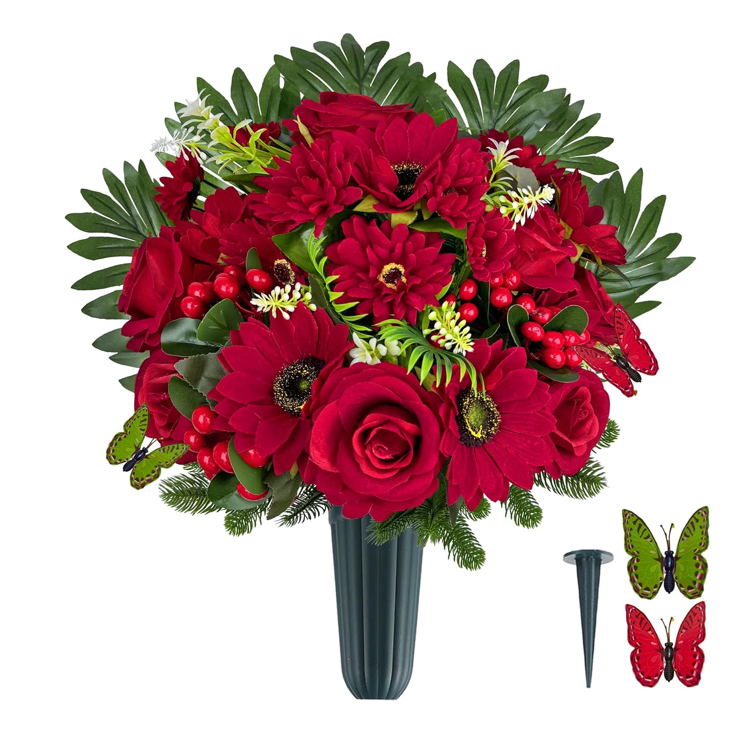Ariticial Cemetery Headstone Flower -Outdoor Grave Decorations,Mixed Bouquet Of Artificial Silk Rose And Gerbera Daisies Christmas Red Berry For Tombstones (Vase Included)