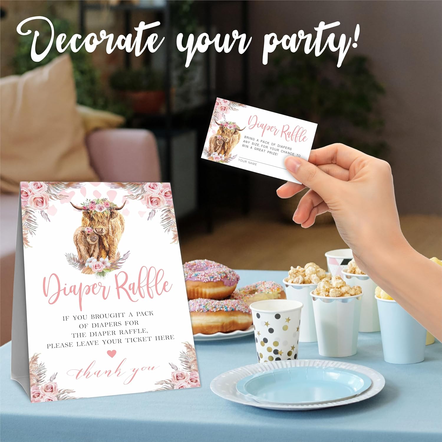 Boho Holy Cow Baby Shower Diaper Raffle Game Set, Watercolor Floral - 1 Standing Sign & 50 Raffle Tickets, Baby Shower Game Kit, Gender Reveal Party Supplies - A14