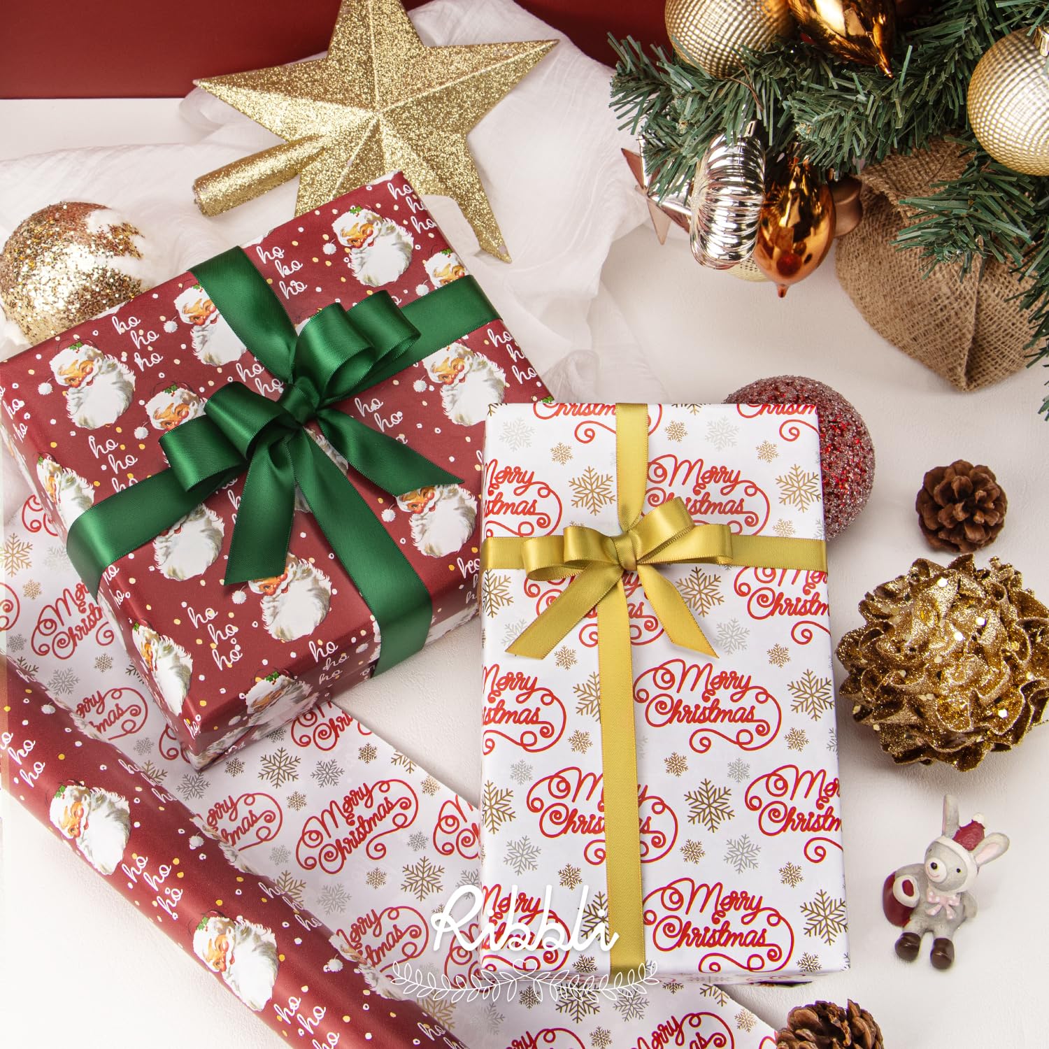 Christmas Wrapping Paper Reversible Vintage Santa And Merry Christmas Red White Gift Wrapping Paper Rolls-17 Inch X 33 Feet
