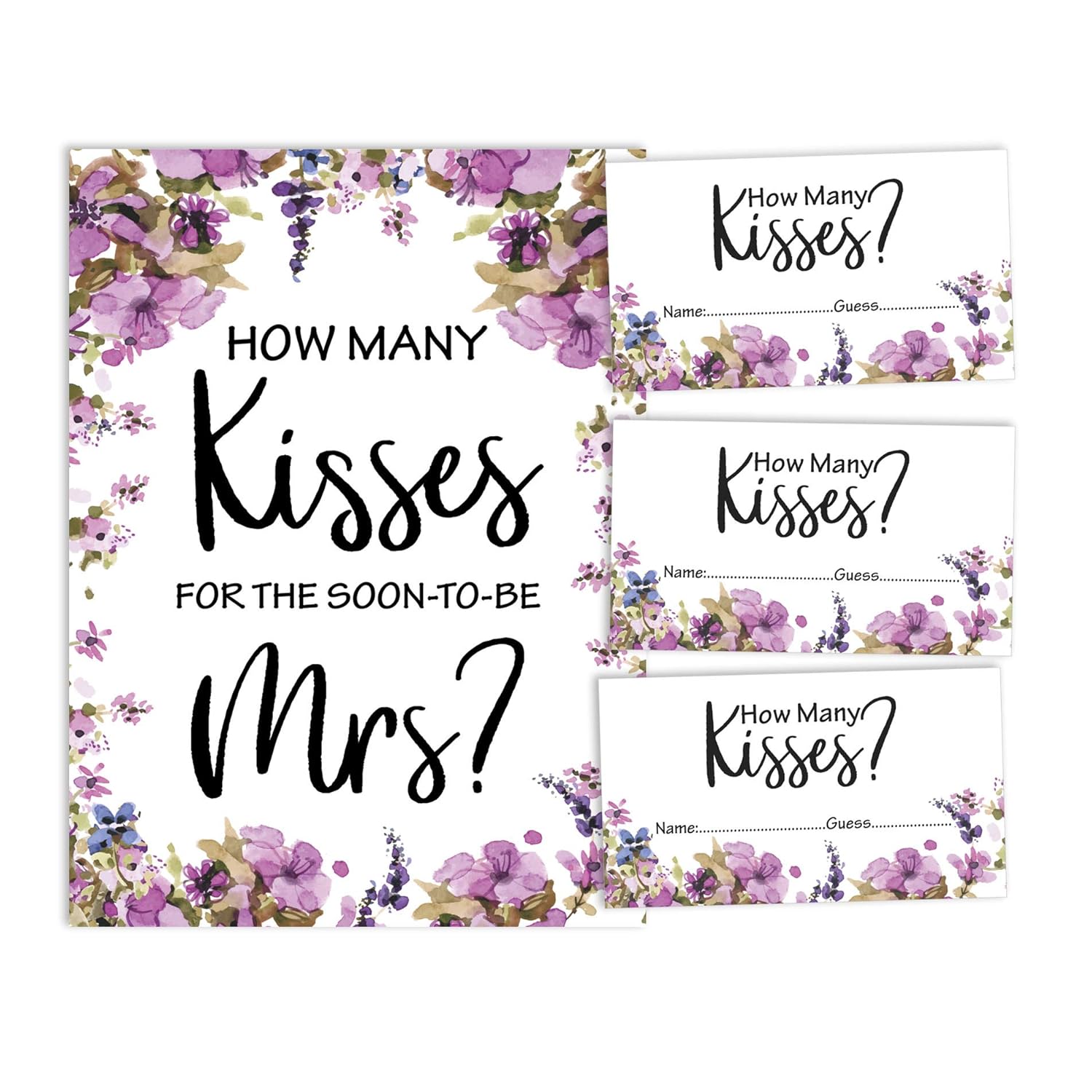 How Many Kisses For The Soon To Be Mrs Floral White Bridal Shower Game 1 Sign + 30 Cards