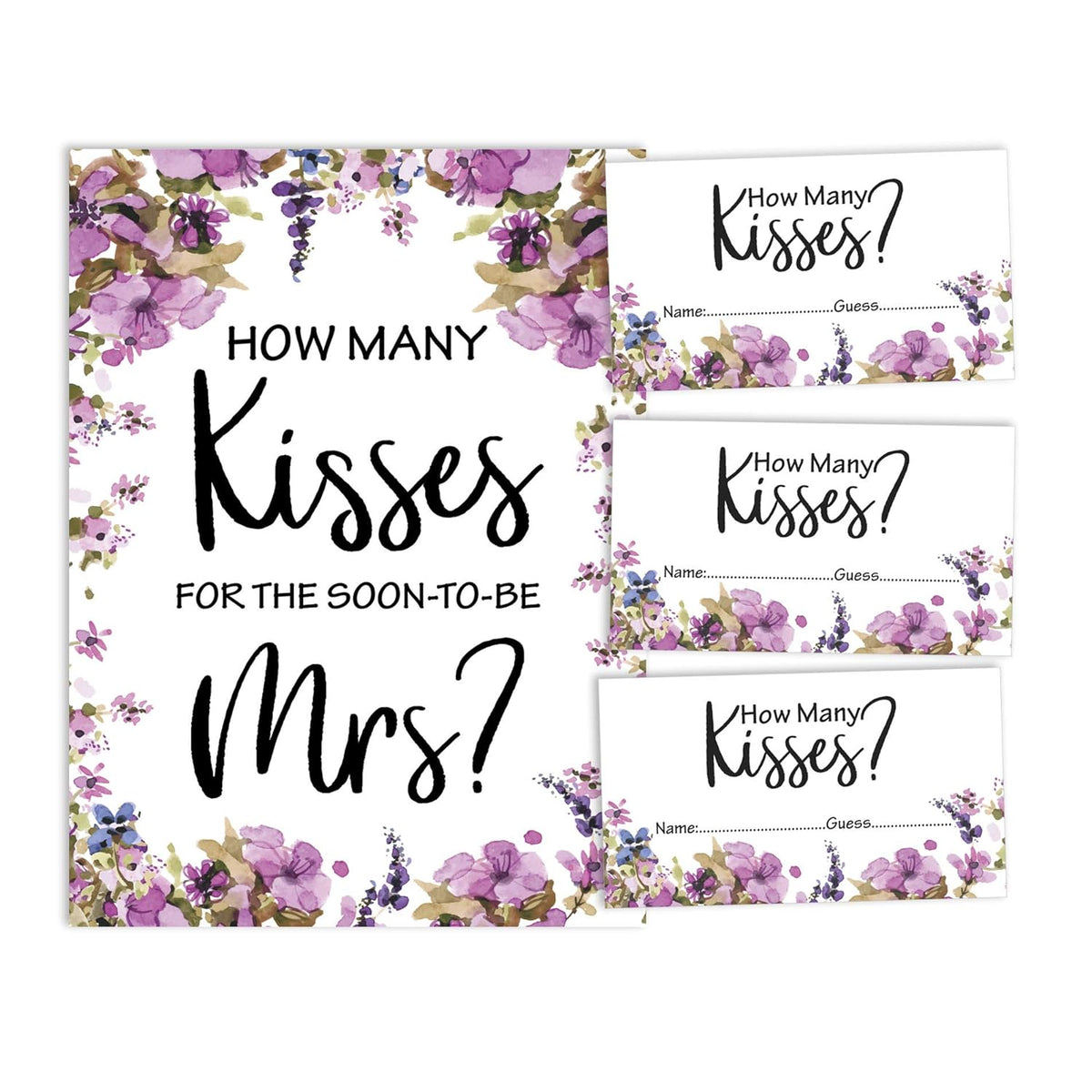 How Many Kisses For The Soon To Be Mrs Floral White Bridal Shower Game 1 Sign + 30 Cards