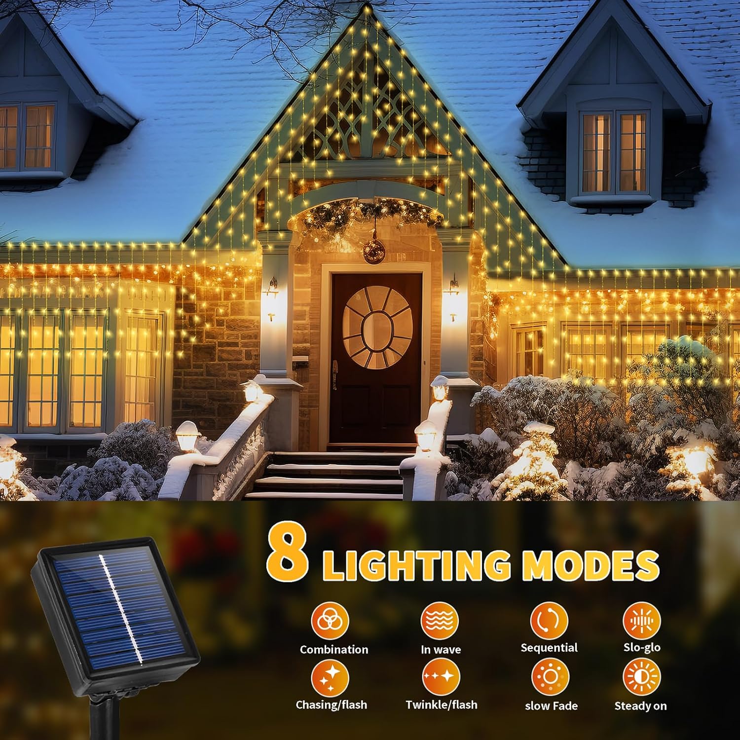 32.8 * 3.28Ft Large Size Solar Curtain Icicle Lights Outdoor, 8 Modes Outdoor String Icicle Curtain Lights, Solar Christ