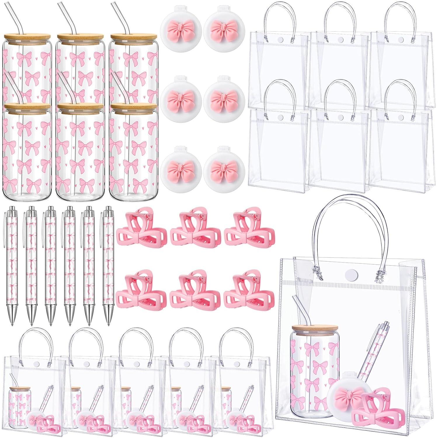 6 Set Bridal Shower Game Prizes For Player Winners Pink Bow 17 Oz Tumblers With Lids Straws Pink Bow Mirrors Pens Hair Clips Gift Bags For Bridal Shower Wedding Party Supplies