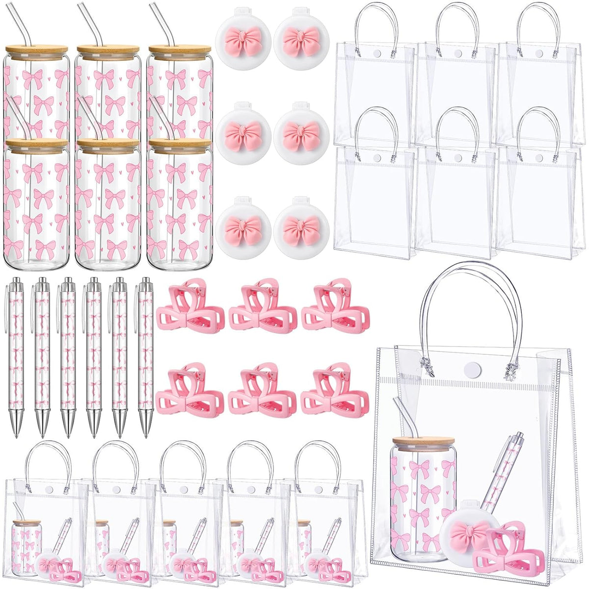 6 Set Bridal Shower Game Prizes For Player Winners Pink Bow 17 Oz Tumblers With Lids Straws Pink Bow Mirrors Pens Hair Clips Gift Bags For Bridal Shower Wedding Party Supplies