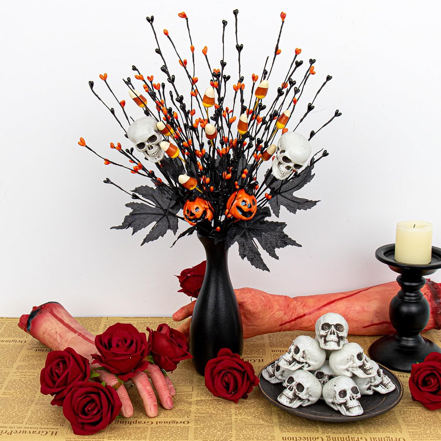 10 Pack Halloween Decorative Branches – 2 Skull Head & 2 Jack-O'-Lantern Stems With Black Maple Leaves, 6 Berry Stems With Halloween Candy – 17 Inch Spooky Centerpieces For Party Decor