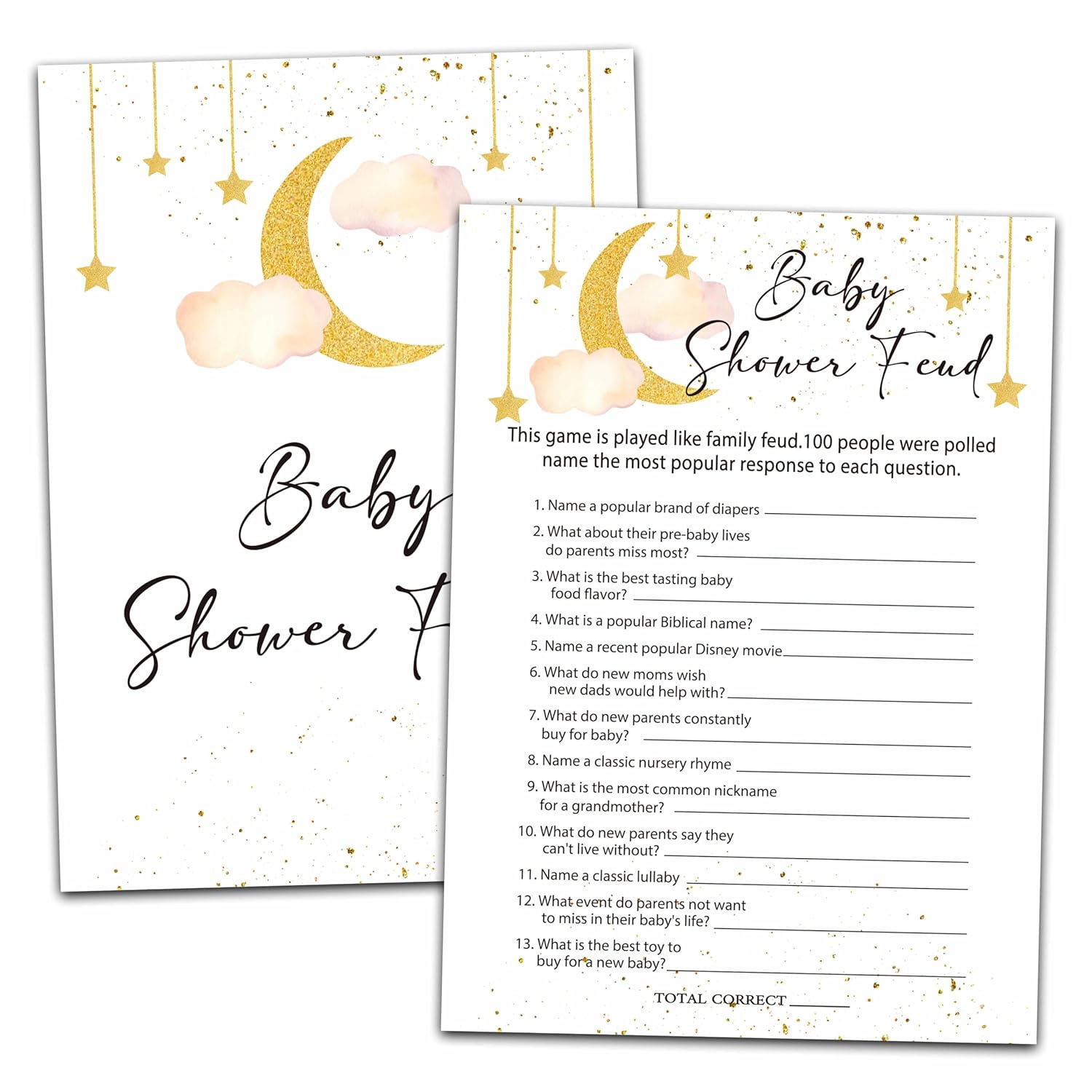 Baby Shower Party Games, Baby Shower Feud Game, 25 Moon And Stars Gender Reveal Party Games Cards (5" X 7"), Over The Moon Baby Shower Supplies Decorations -02