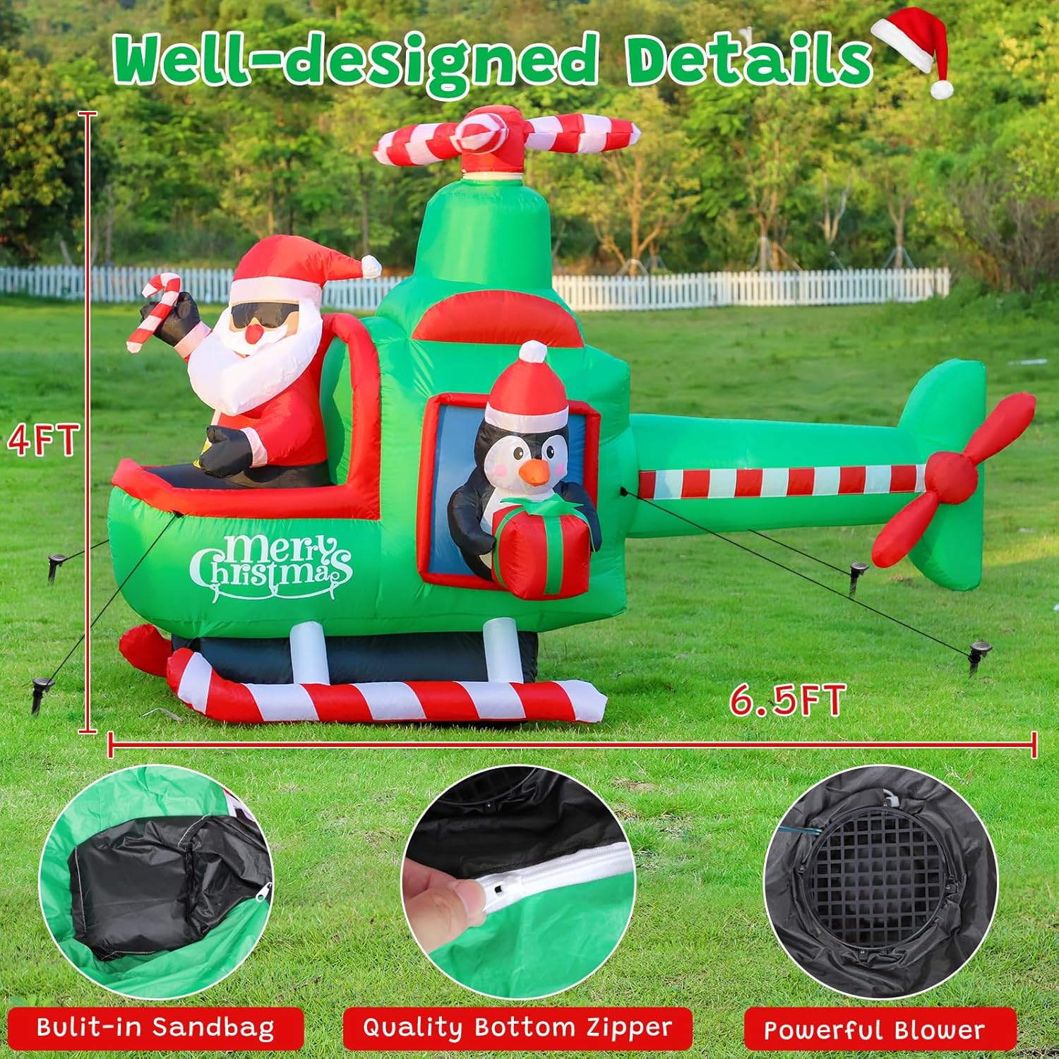 6.5Ft Inflatable Christmas Santa Claus On Helicopter Outdoor Decorations, Xmas Blow Up With Built-In Led Lights, Cute Sa