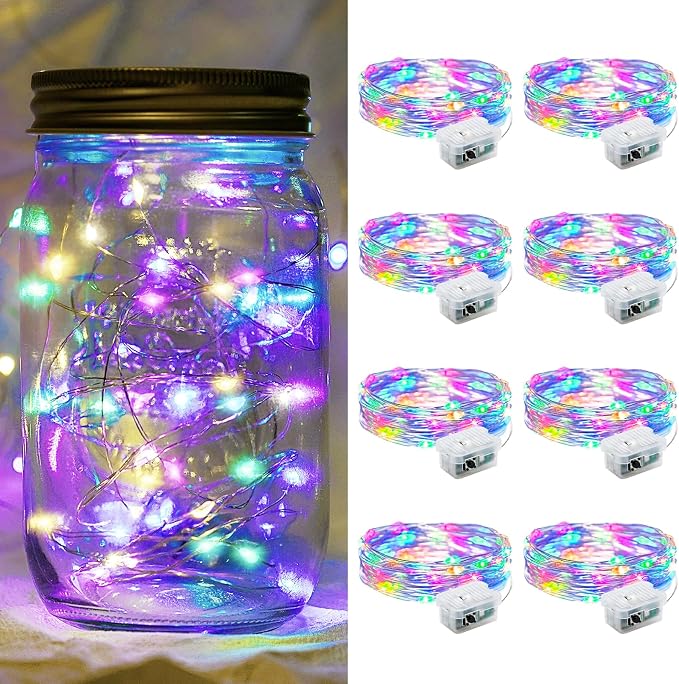 8 Pack Fairy Lights Battery Operated 7FT 20 LED Rainbow Pastel String Lights 3 Modes Waterproof Firefly Lights for Mason Jars Wedding Party Decor