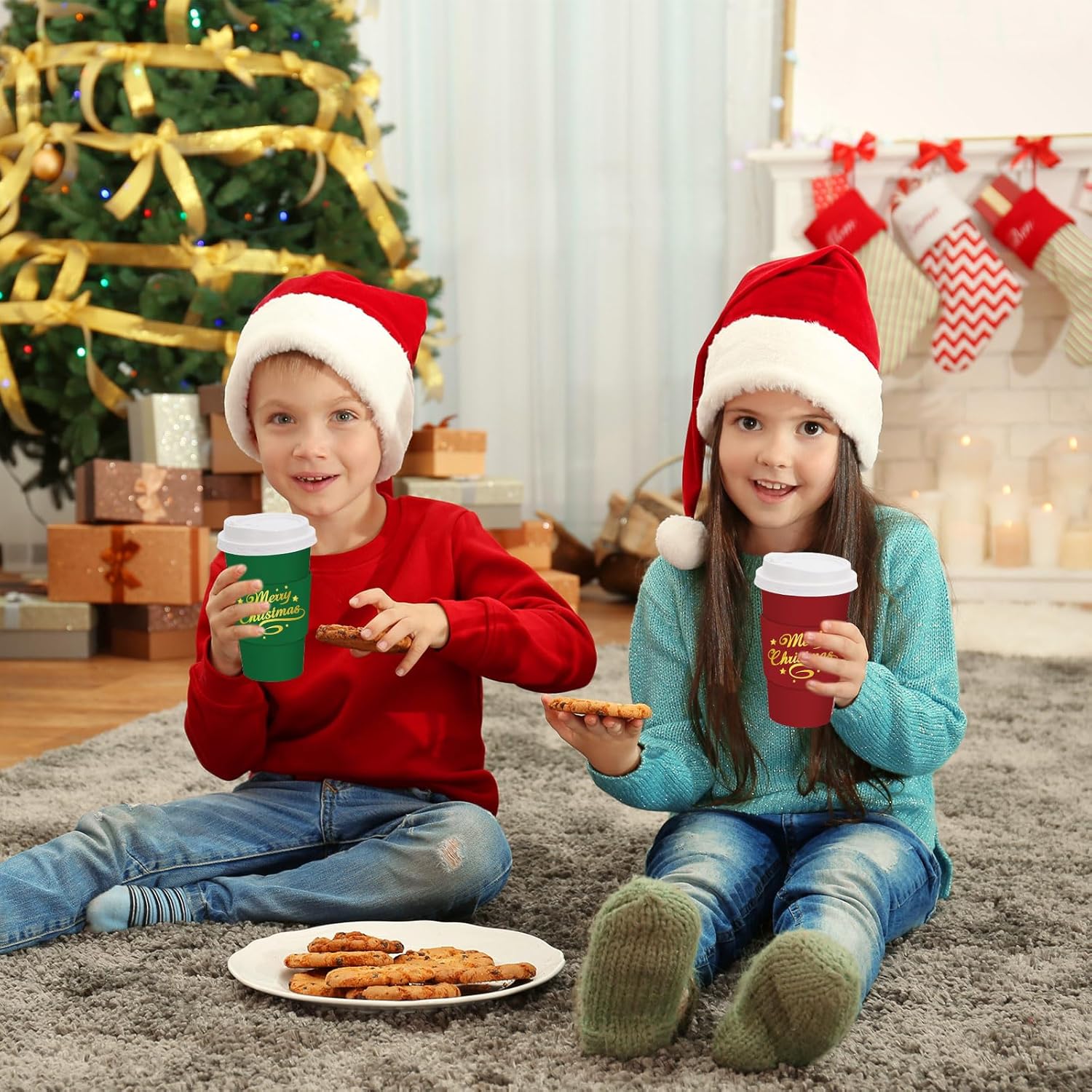 50 Set Christmas Disposable Coffee Cups With Lids And Sleeves Red Green Gold Merry Christmas Paper Drinking Cups For Xmas Party Supplies