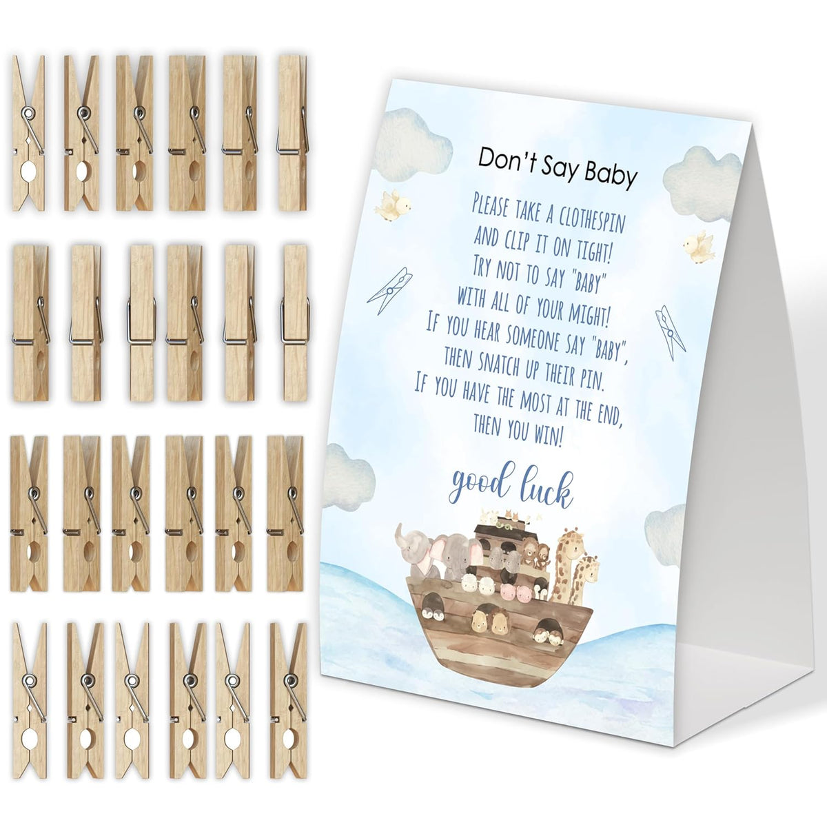 Noah'S Ark Don'T Say Baby Game For Baby Shower, Pack Of One 5X7 Sign And 50 Mini Natural Clothespins, Boho Animals Baby Shower Decoration, Gender Neutral Party Supplies - Sc32