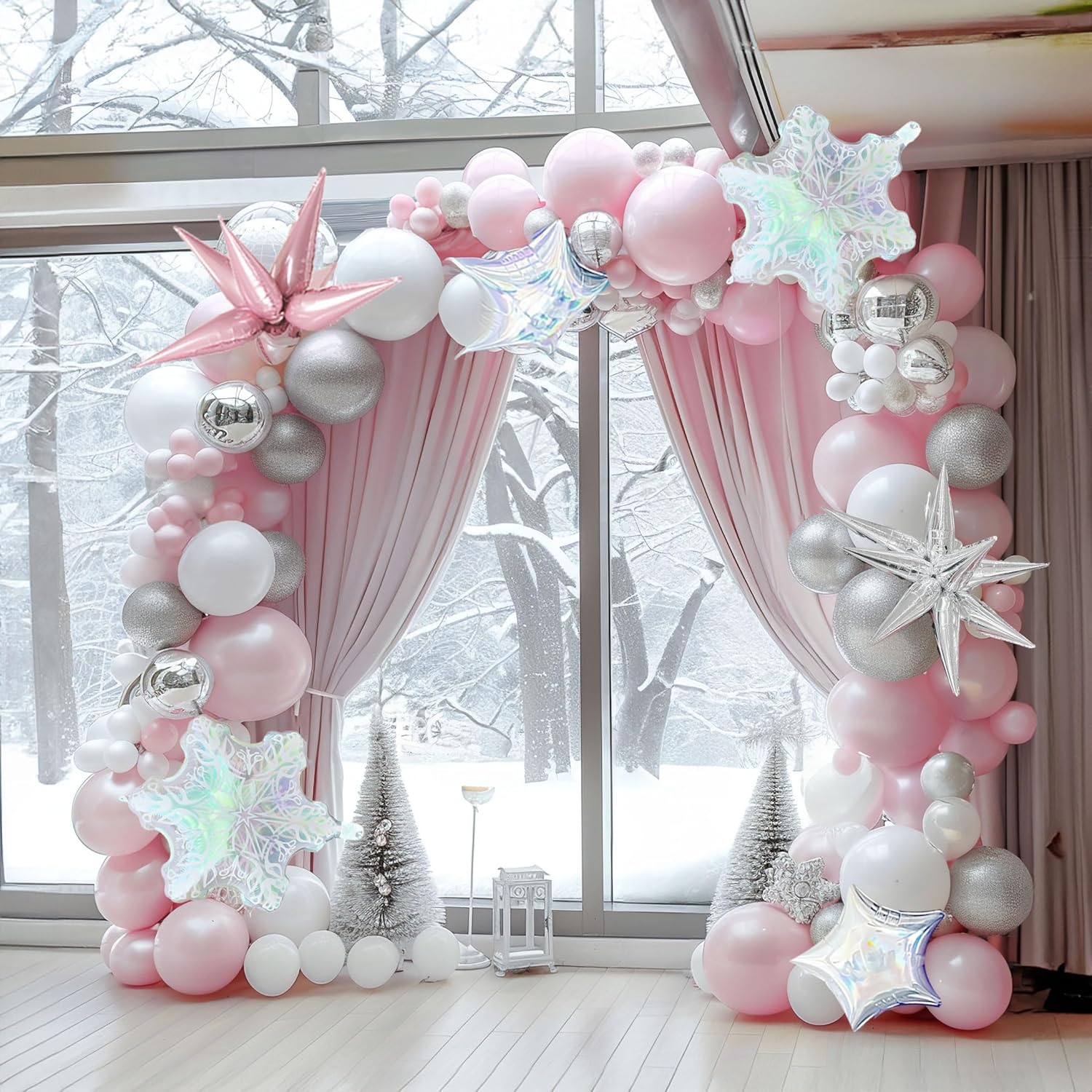 Pink And Silver Winter Balloon Garland Arch Kit 130Pcs With Snowflake Star Mylar Balloons For Girl 1St Birthday Party Pink Christmas Winter Wonderland Baby Shower Decorations